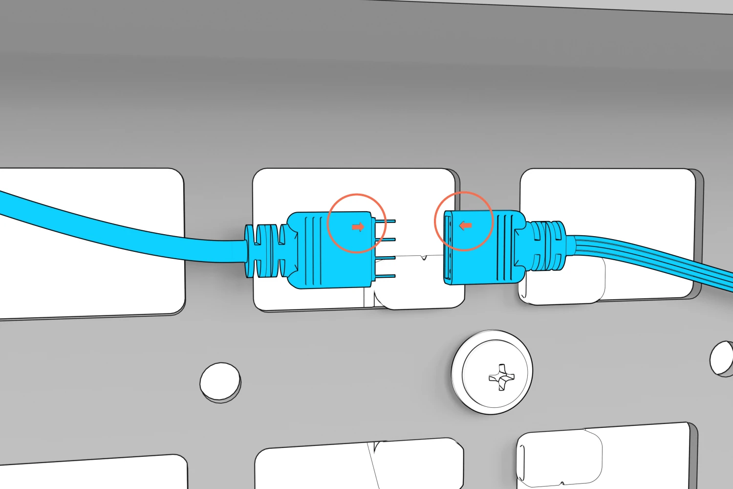 Extension cable aligned with the left LED-strip connector, with matching arrow marks highlighted.