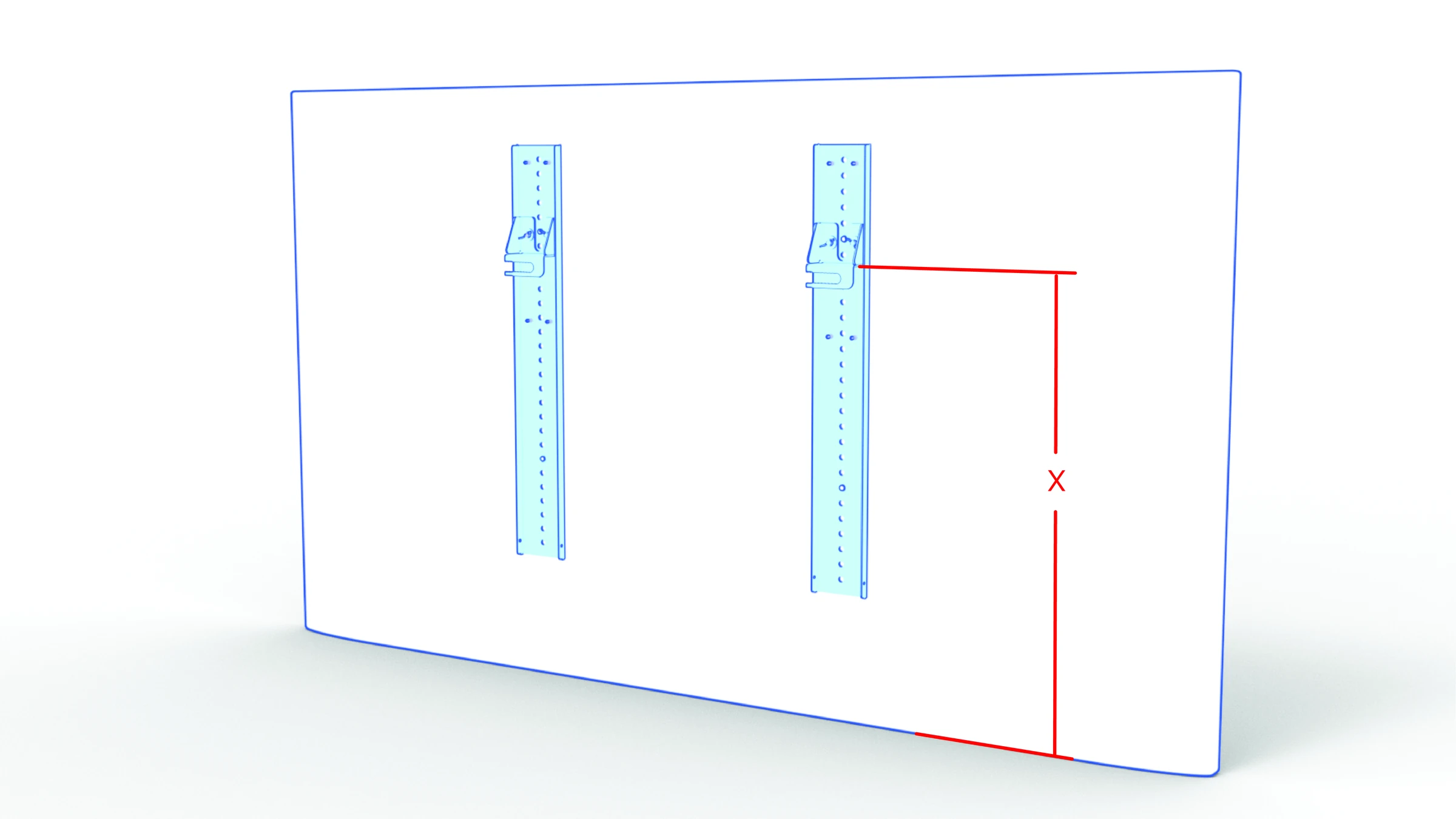 Left-hand display rails positioned with their hooks at Measurement X.