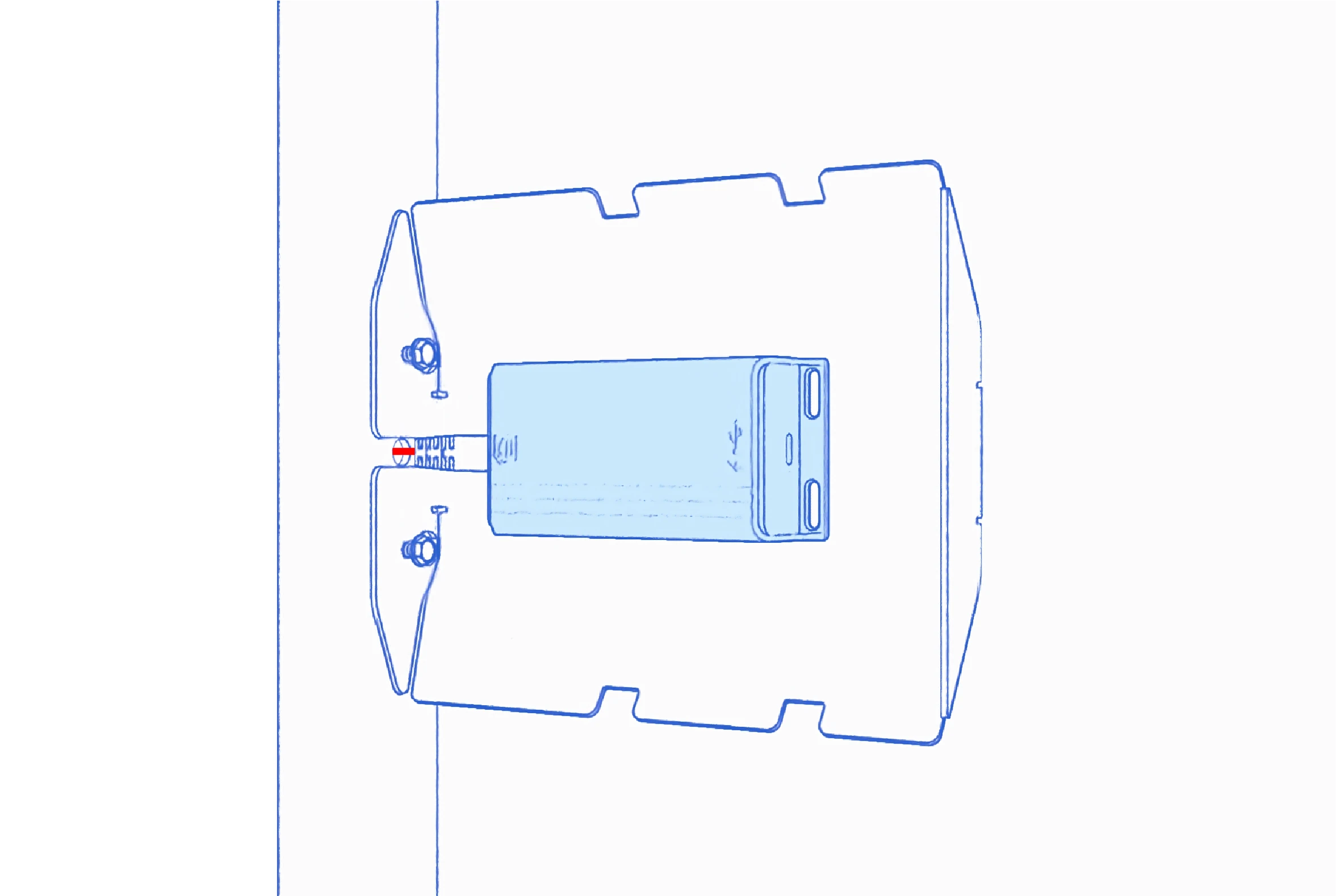 PoE adapter positioned inside the mounted pocket with the network cable connected through the mullion-side opening.