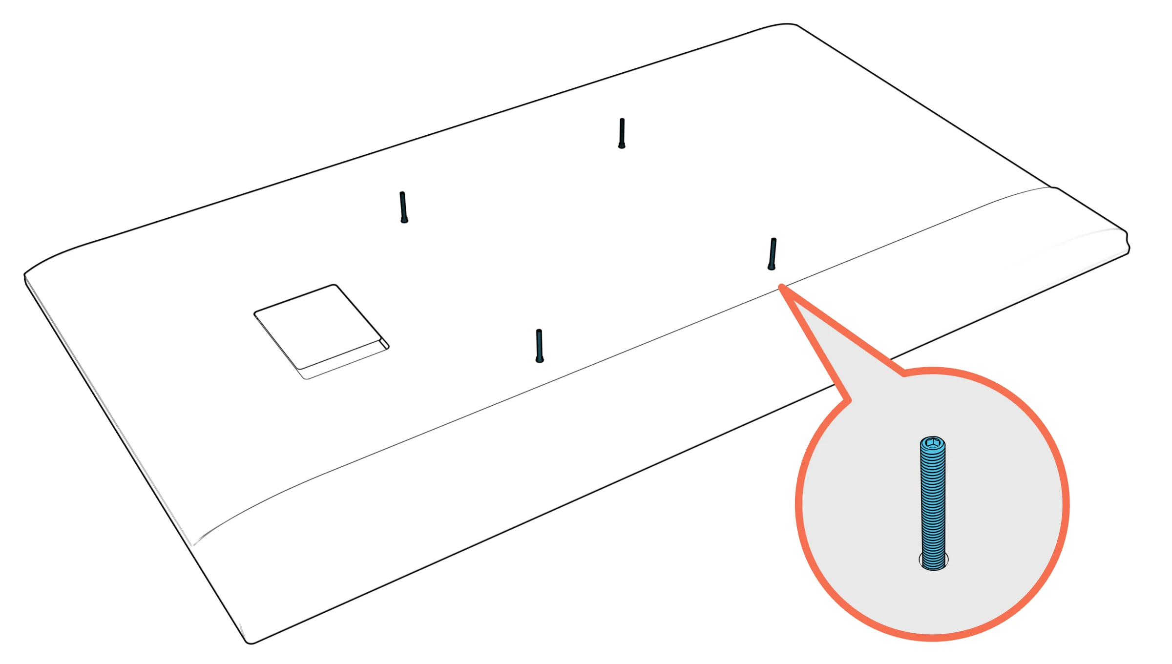 Four set screws positioned at the display's rear VESA mounting holes, with an enlarged screw detail.