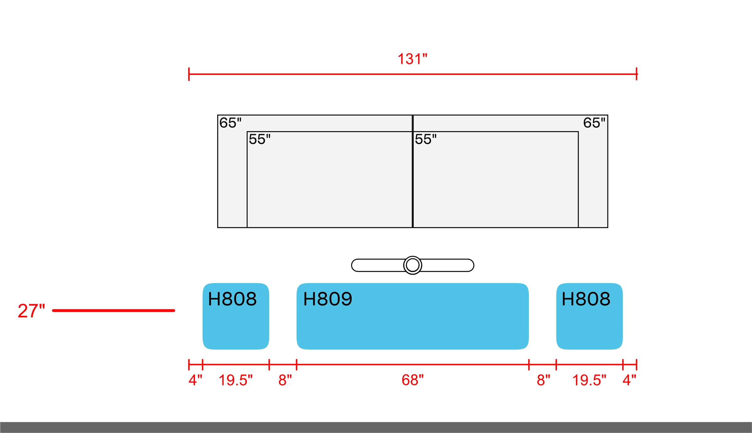 Dual 55-inch and65-inch display examples above H809 and one H808 pair, with a 131-inch layout width. The 27-inch mounting reference, panel widths, and spacing dimensions are shown.