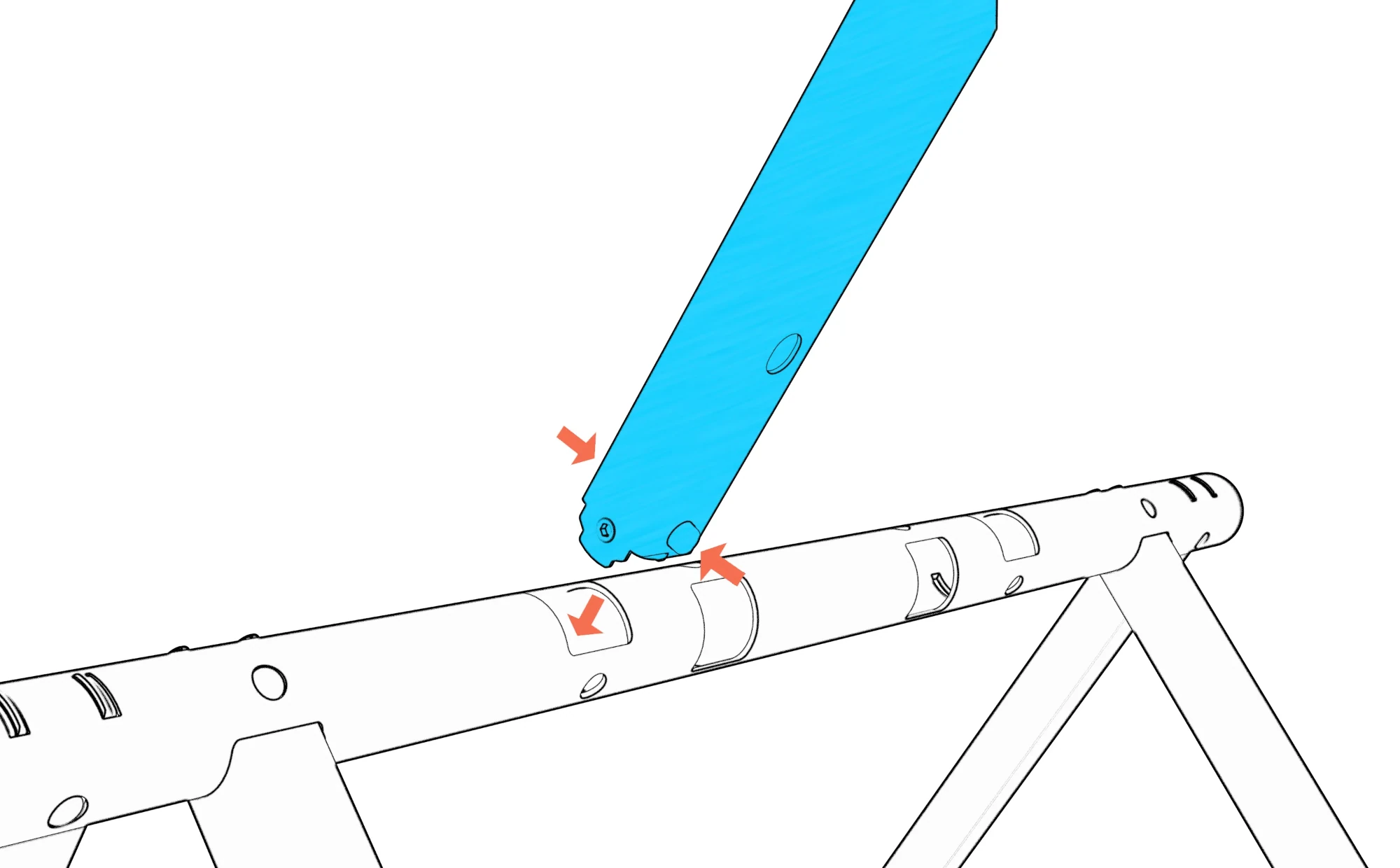 Column entering the beam socket with both spring buttons pressed inward.