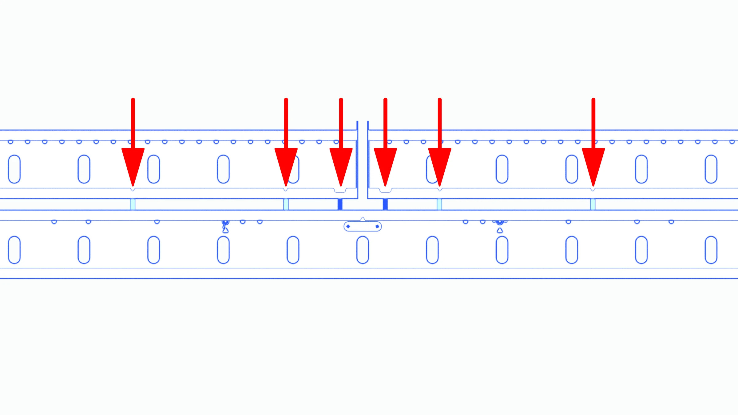 Close-up of the central safety-pin and adjustment-screw connections.