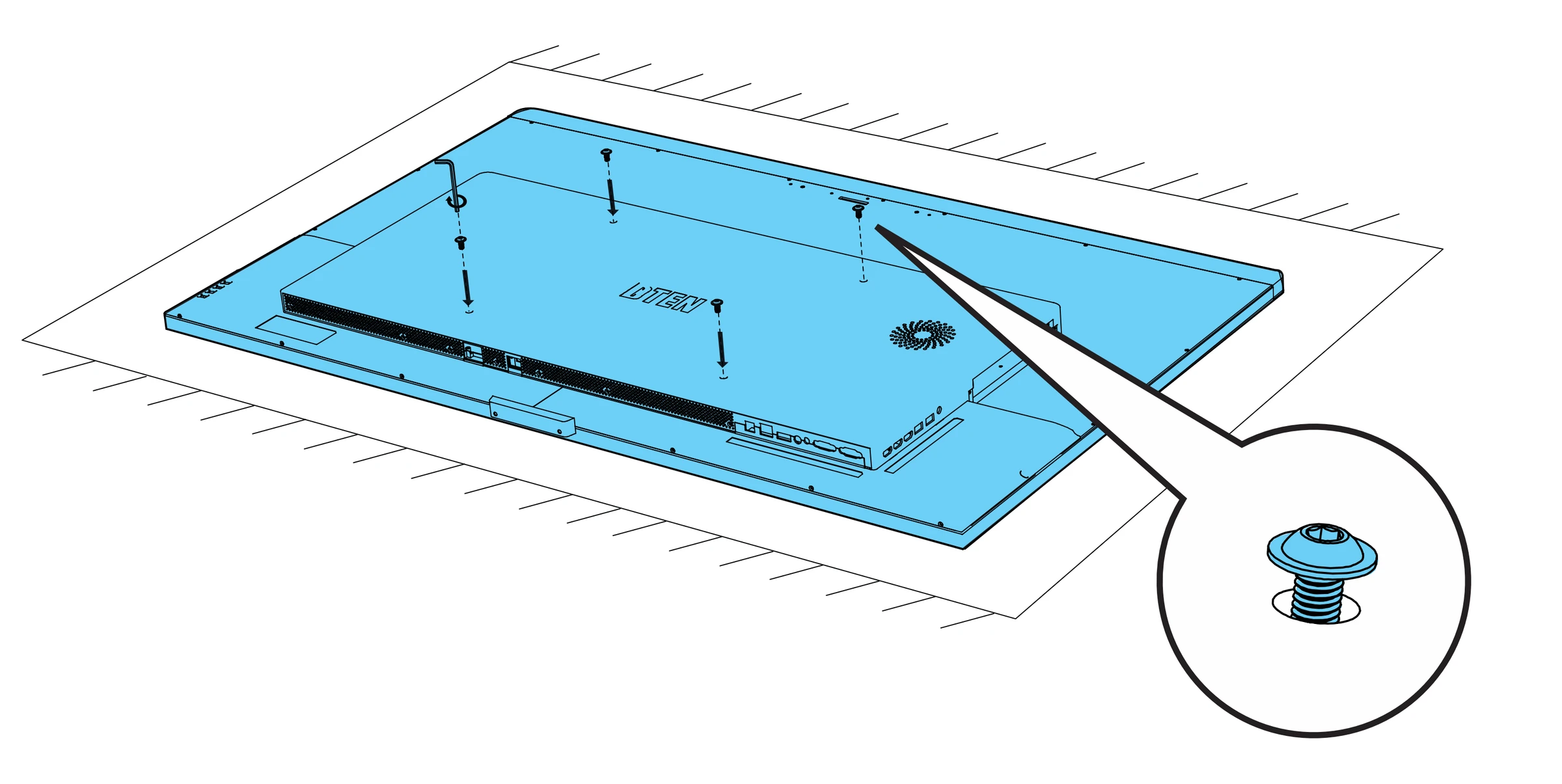 Display resting face-down on a soft surface, with four mounting screws aligned with its rear holes and clearance beneath a screw head shown in detail.