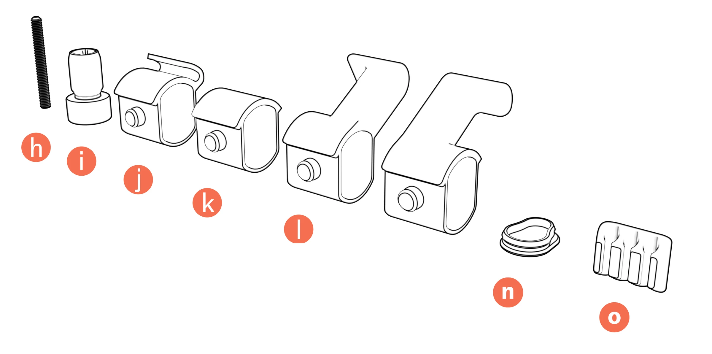 Display set screw, mounting anchor, cable hooks, beam plugs, cord-wrap hooks, column plug, and cable manager labeled h through o.