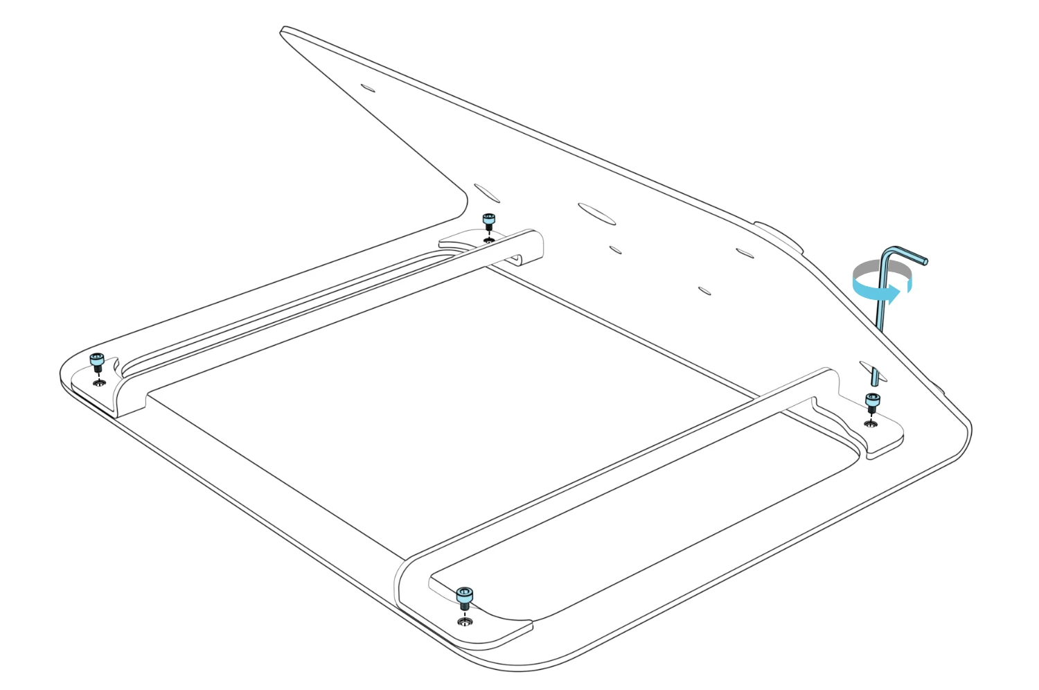 Rear view of the stand with four bracket screws lifted above their holes and a hex key aligned to one screw.