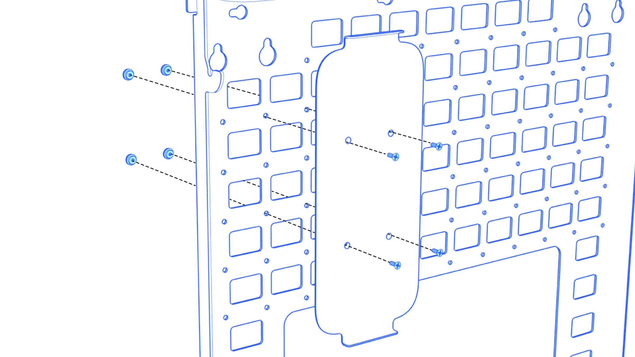 Device plate aligned with four M4 screws and thumbnuts on the mounting grid.