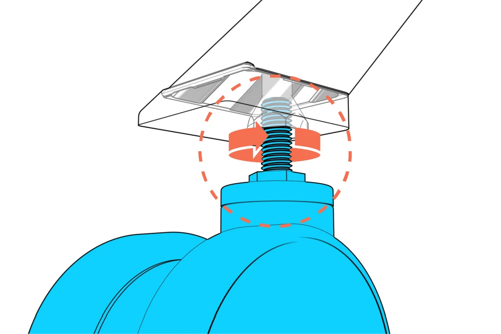 Close-up shows the caster threading into the leg insert.
