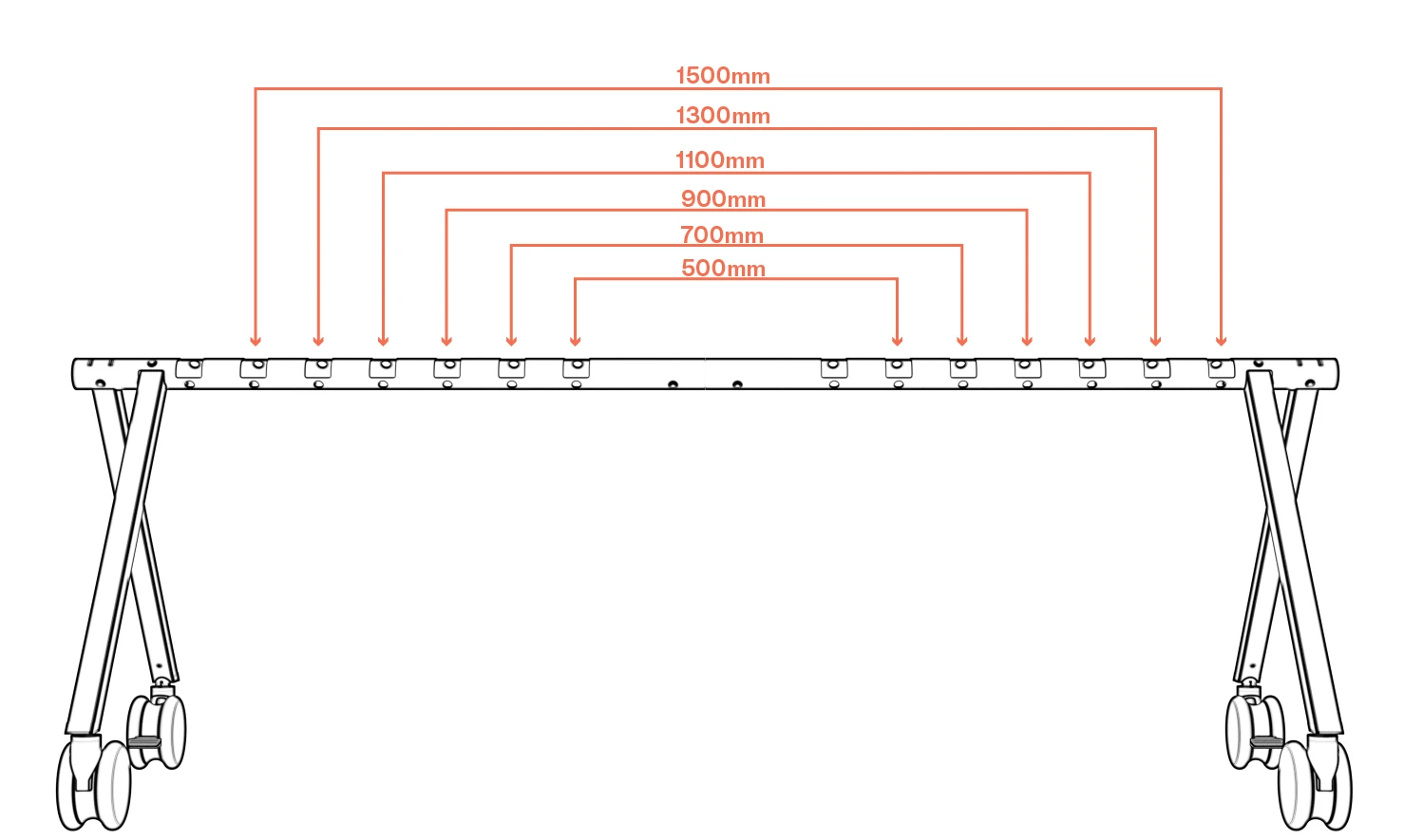 Offset column socket positions on the beam labeled 500, 700, 900, 1100, 1300, and 1500 mm.