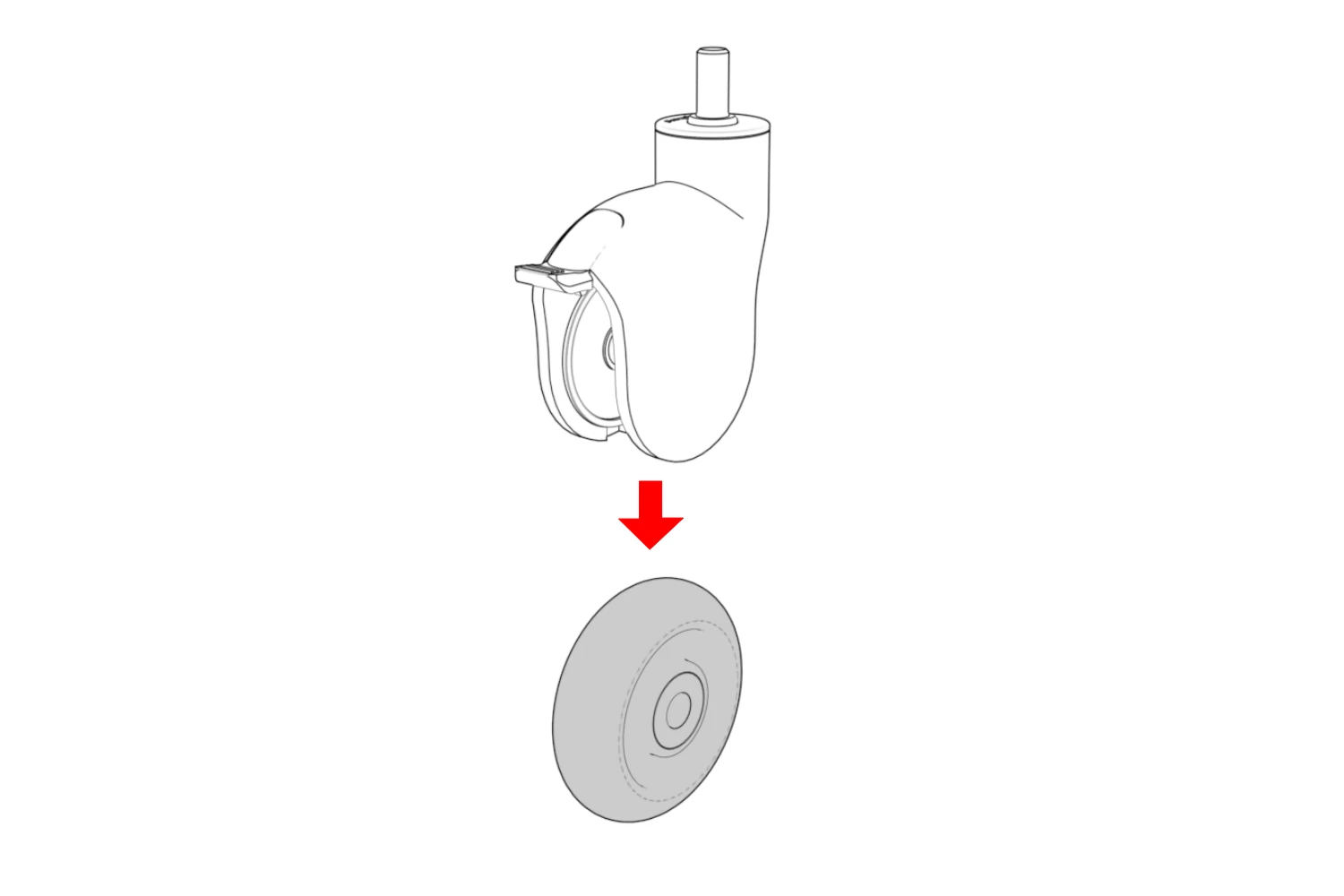 Caster wheel pulling downward out of its outer housing.