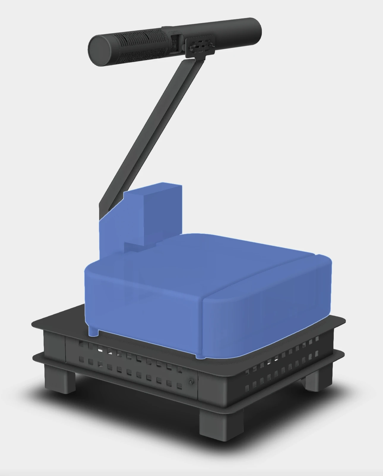 Projector highlighted on the upper surface of the stand, with its lens housing away from the neck.
