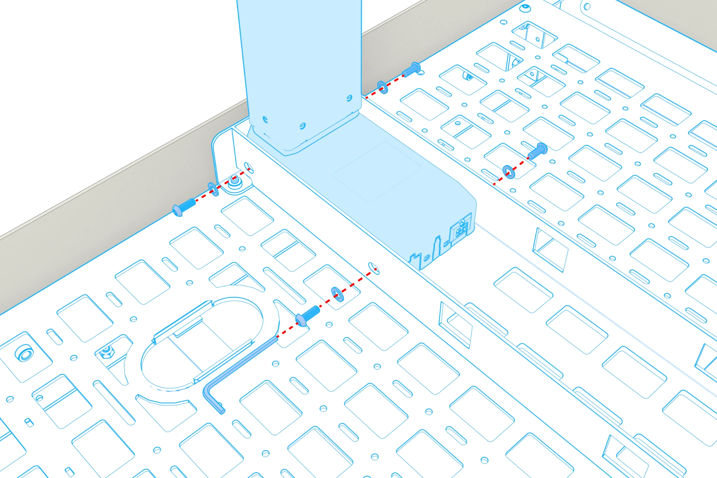 First lift column aligned with the underside beam, with screw and washer positions indicated.
