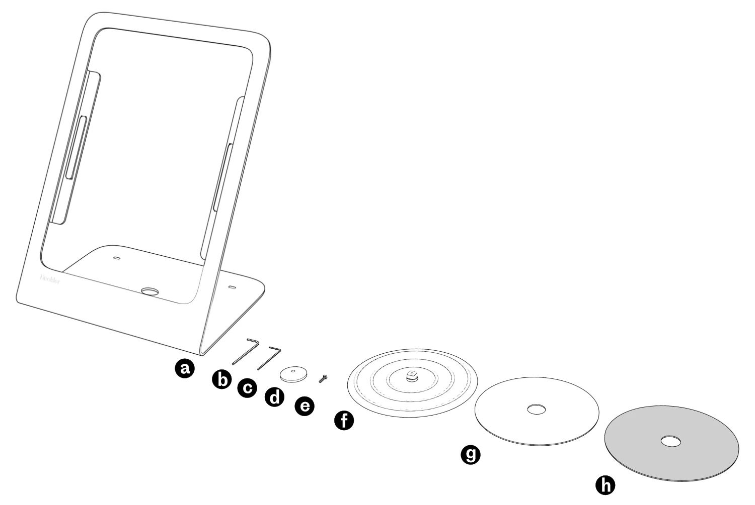 Portrait iPad stand, two hex keys, PivotTable head and screw, circular PivotTable disc, and two foam discs, labeled a through h.