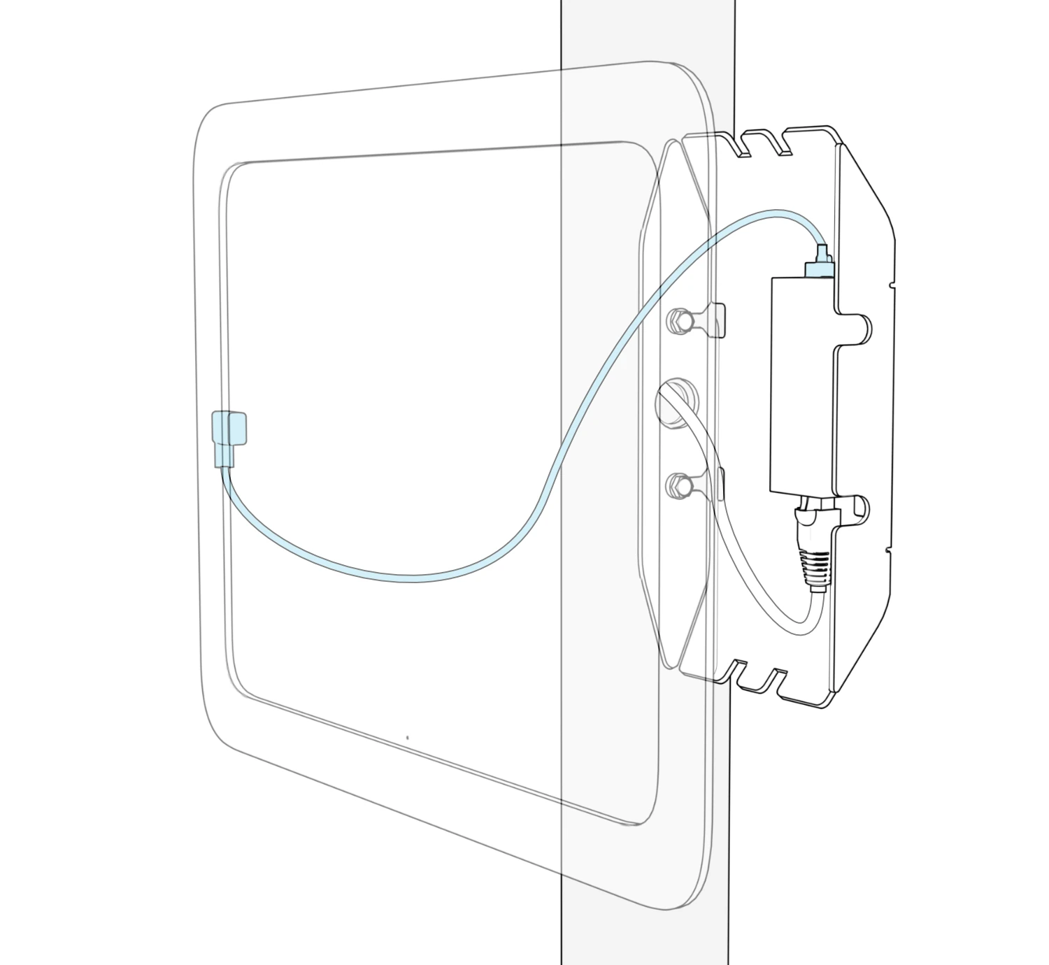 Transparent enclosure view showing the charging cable connected between the iPad’s right-angle USB-C adapter and the PoE adapter inside the pocket.
