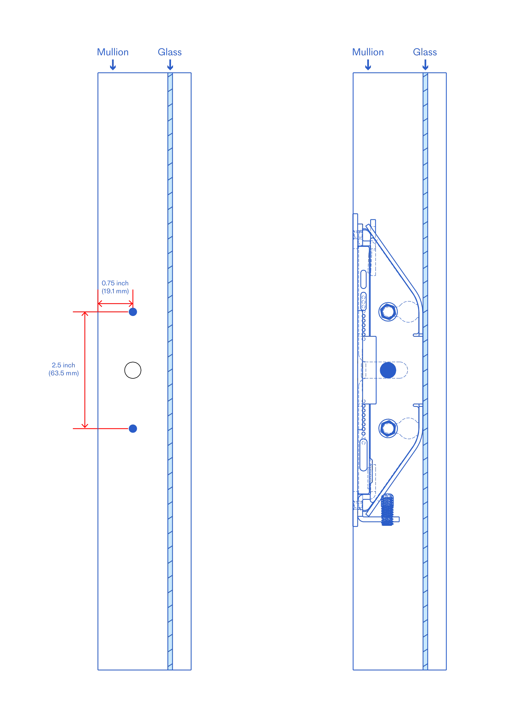 Mullion and glass cross-sections showing mounting holes 2.5 inches (63.5 mm) apart and 0.75 inch (19.1 mm) from the front edge, with the Side Mount pocket positioned beside the glass.