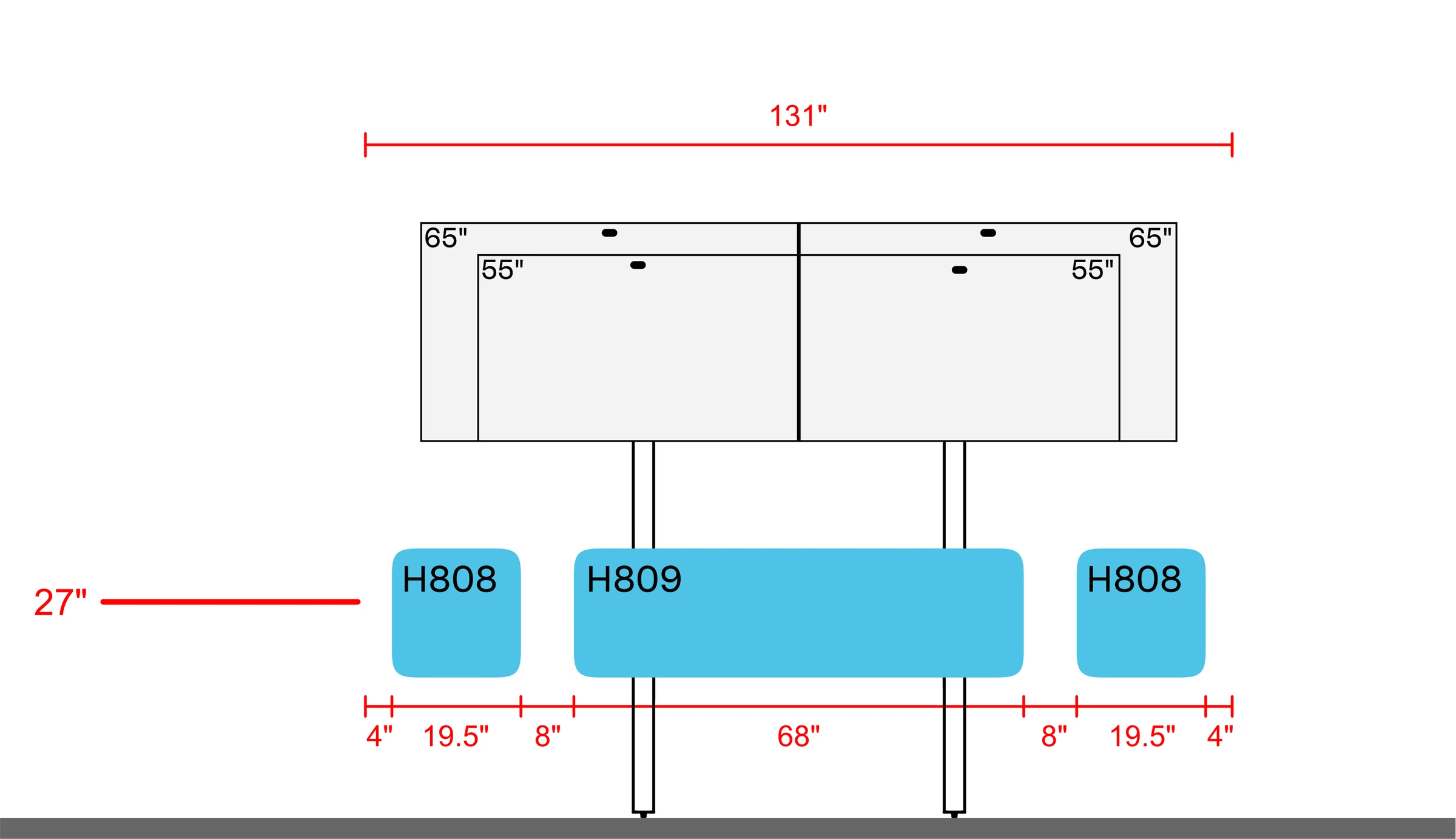 Dual 55-inch and65-inch display examples on H800 AV Wall above H809 and one H808 pair, with a 131-inch layout width. The 27-inch mounting reference, panel widths, and spacing dimensions are shown.