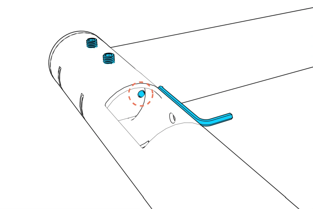 Close-up shows the hex key pressing the safety spring pin inward.