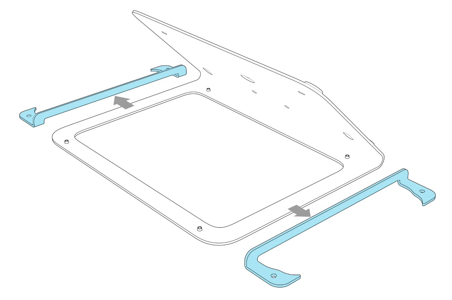 Two retaining brackets separated from the back of the stand, with arrows indicating removal.