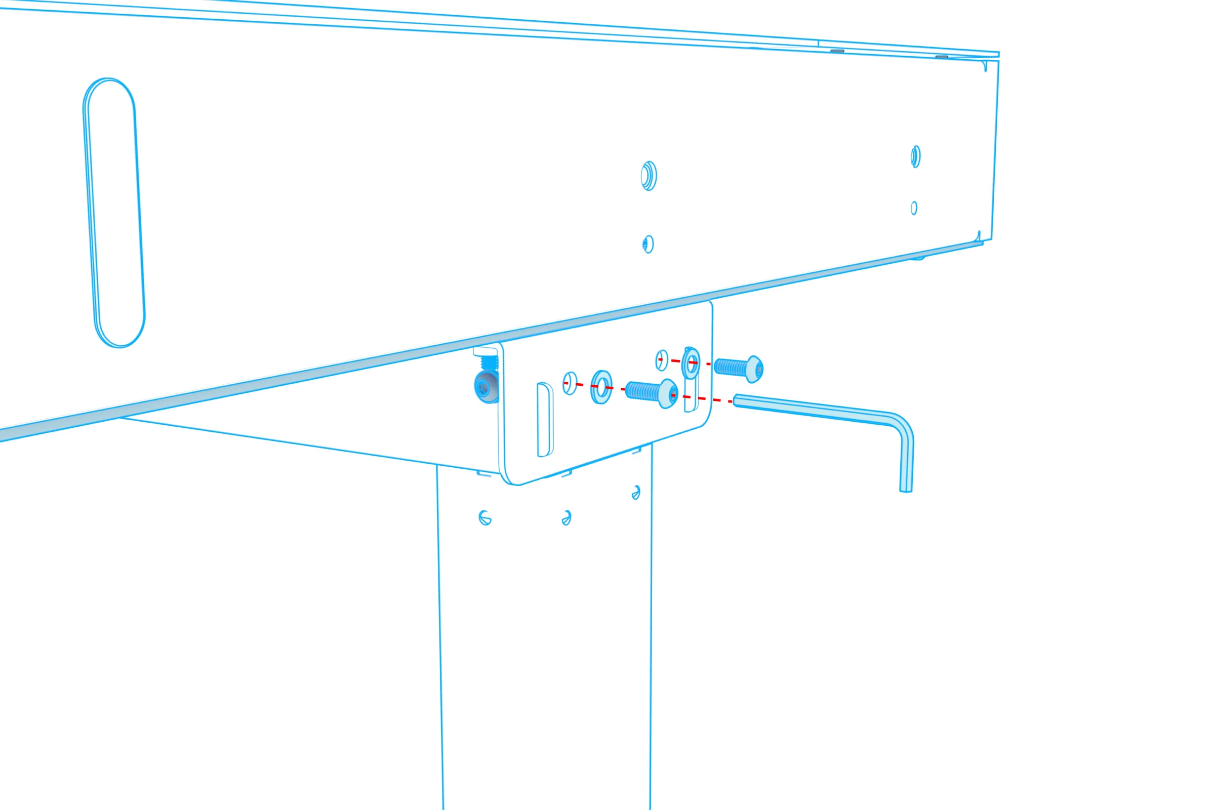 Remaining side screws and washers aligned with the opposite lift-column connection and a hex key.