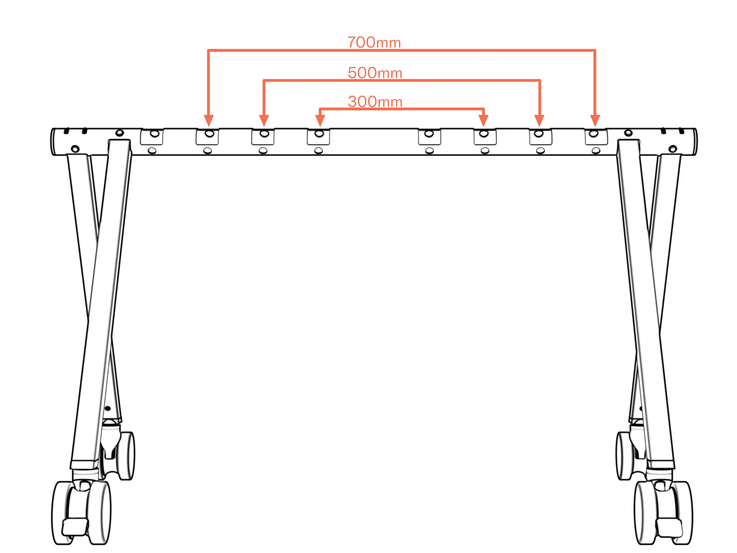 Beam sockets labeled for 300, 500, and 700 mm horizontal VESA spacing.