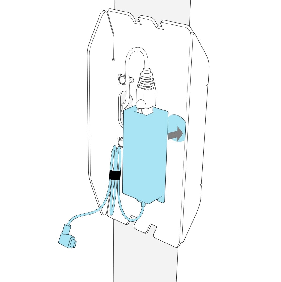 Two-frame illustration showing the PoE adapter moving onto a hook-and-loop dot inside the pocket, with the network connector and bundled charging cable shown.