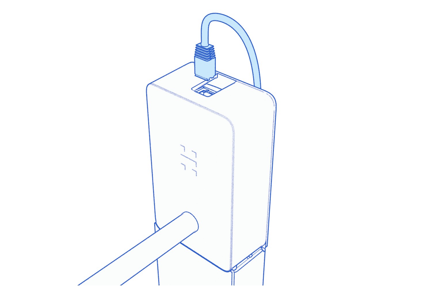 Animation of an Ethernet connector entering the port on the Huddly Canvas housing.