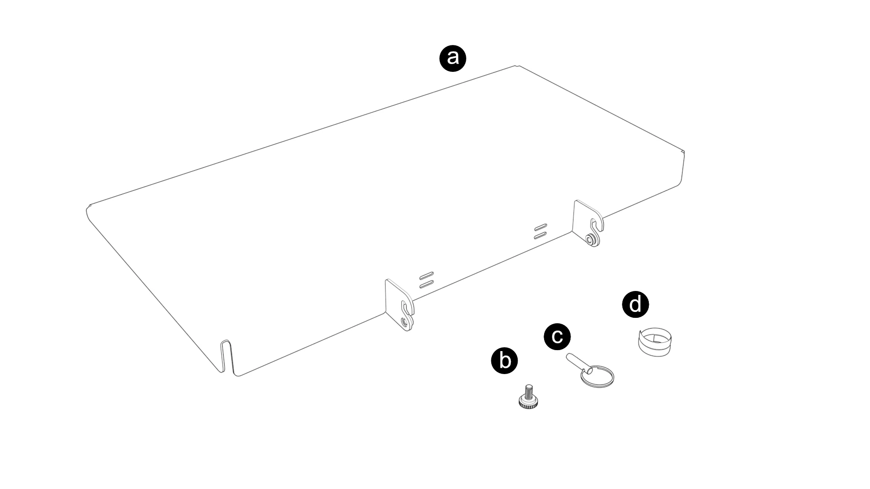 Included components labeled a–d: device shelf, thumbscrew, quick-release pin, and coiled hook-and-loop cable tie.