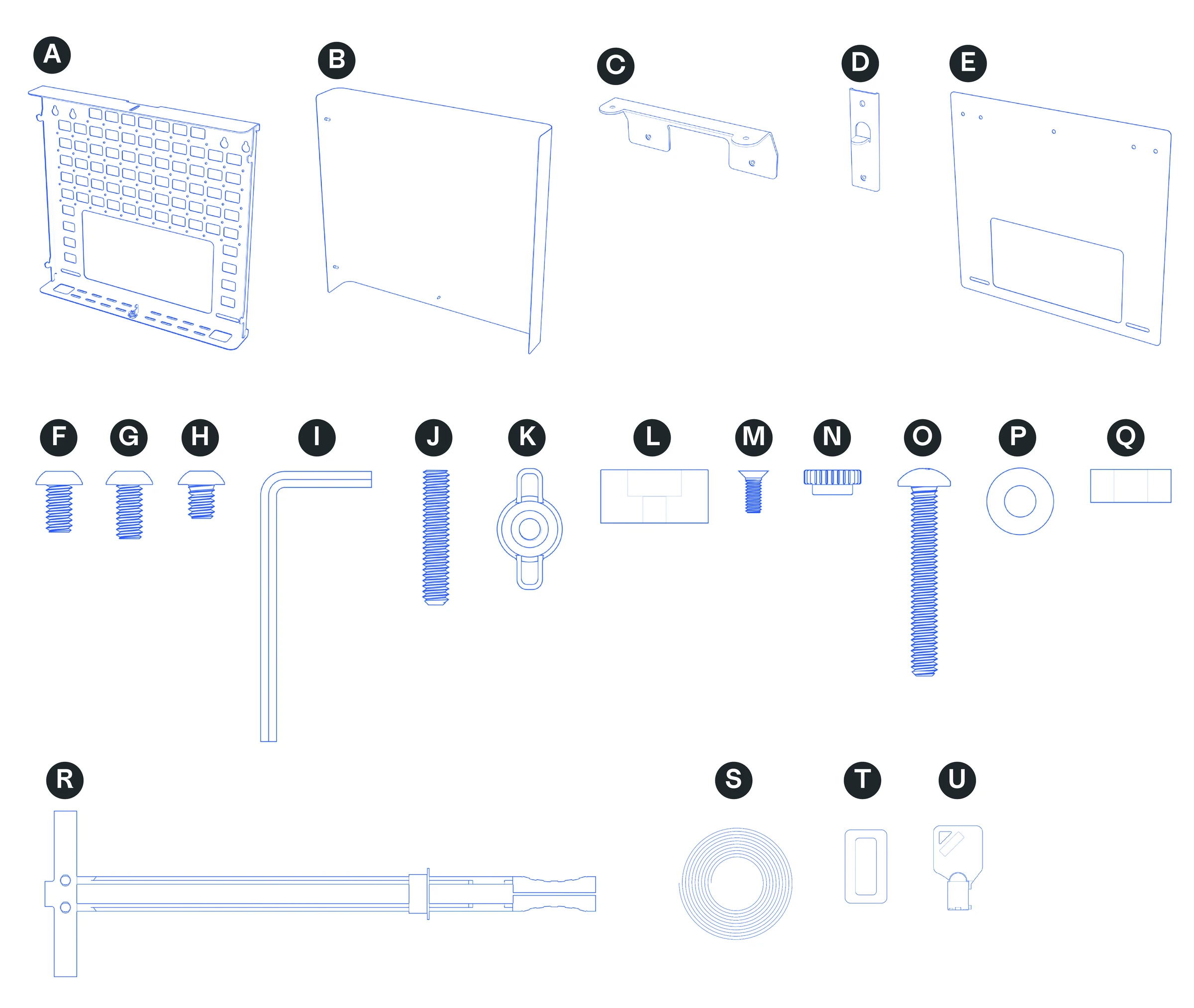 Credenza body, front panel, camera brackets, template, and mounting accessories labeled A through U.