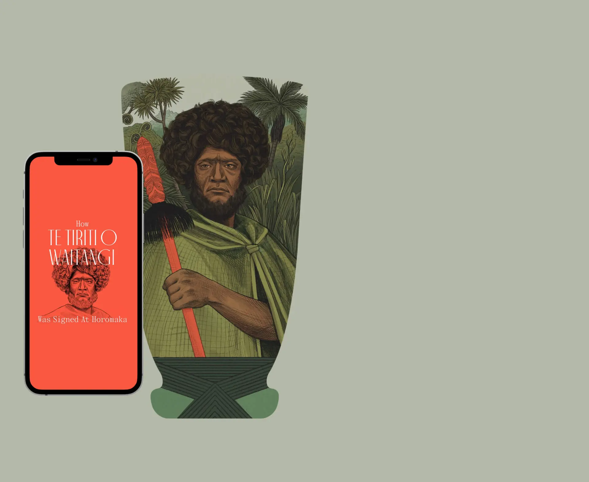Te Tiriti ki Horomaka project image showing a phone beside illustrated historical artwork.