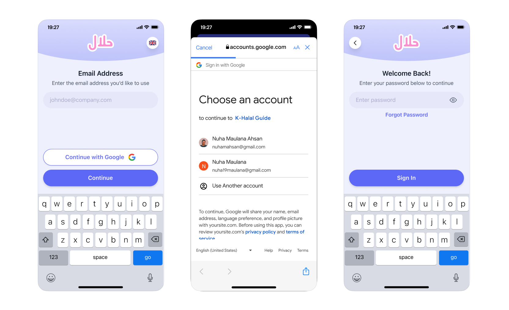 Create account, continue with email, and login page