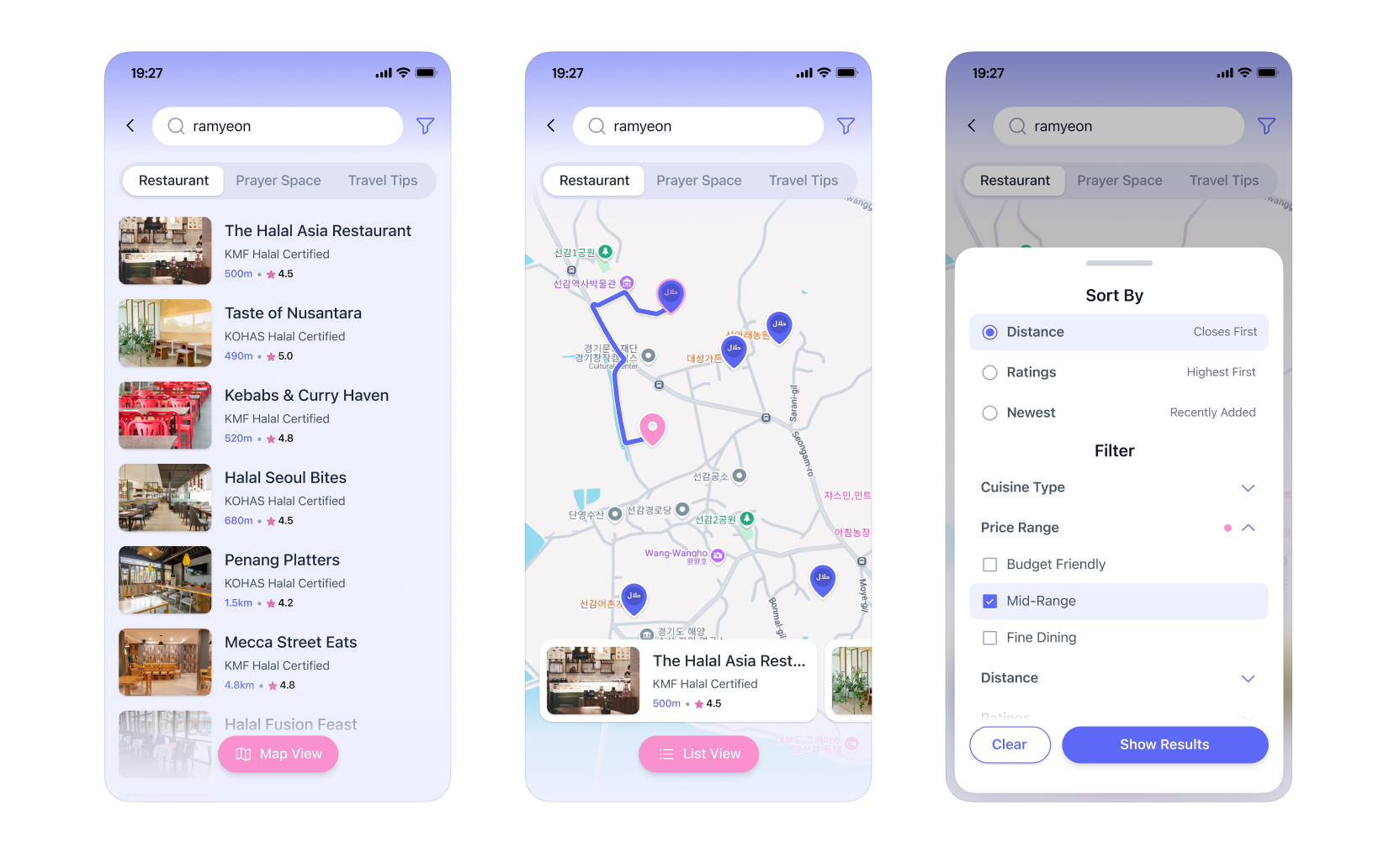 Search result list view, map view, and filer bottom sheet