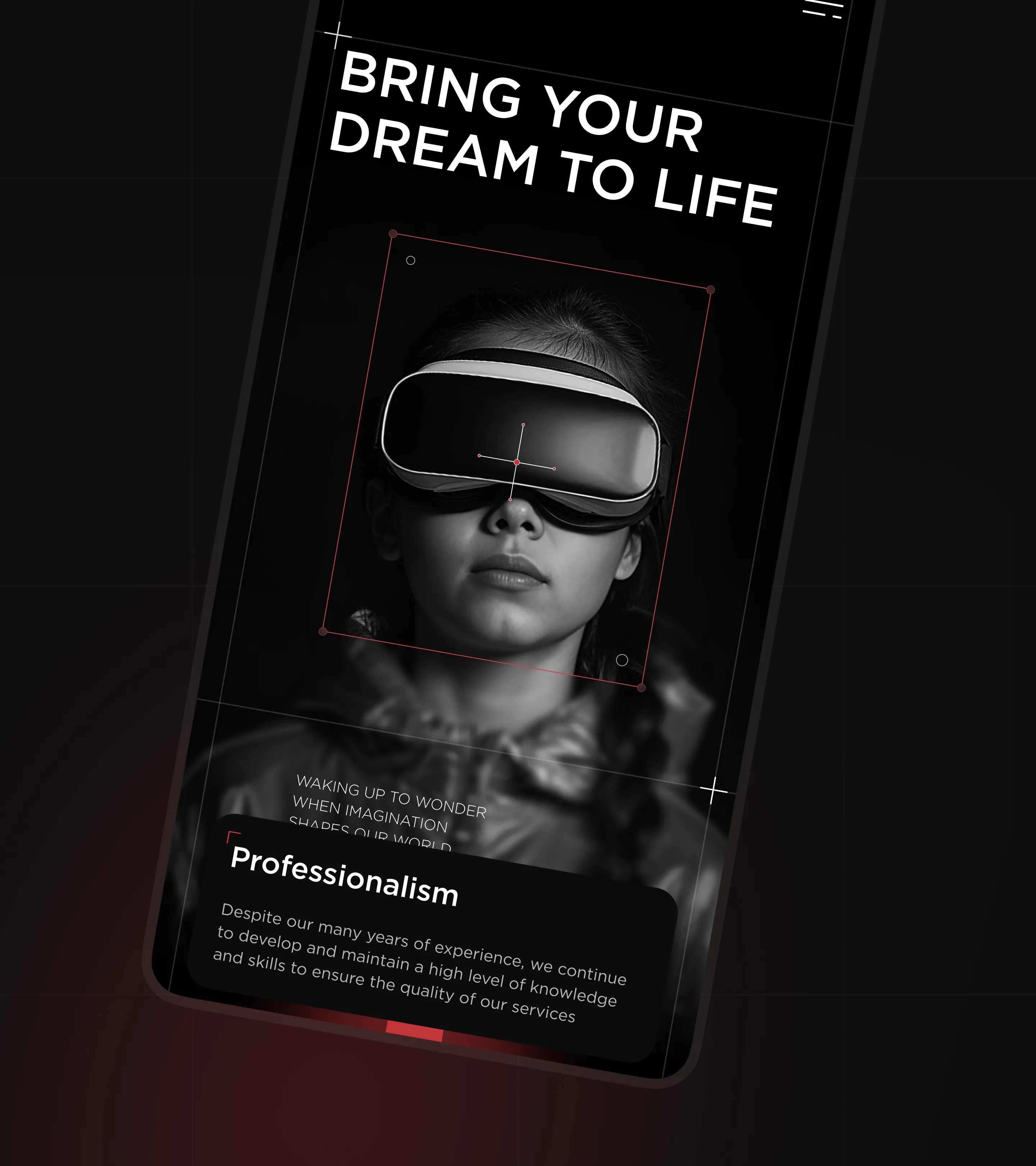 Mobile UI screen featuring a monochromatic portrait of a person in a VR headset, emphasizing futuristic brand values and professionalism.