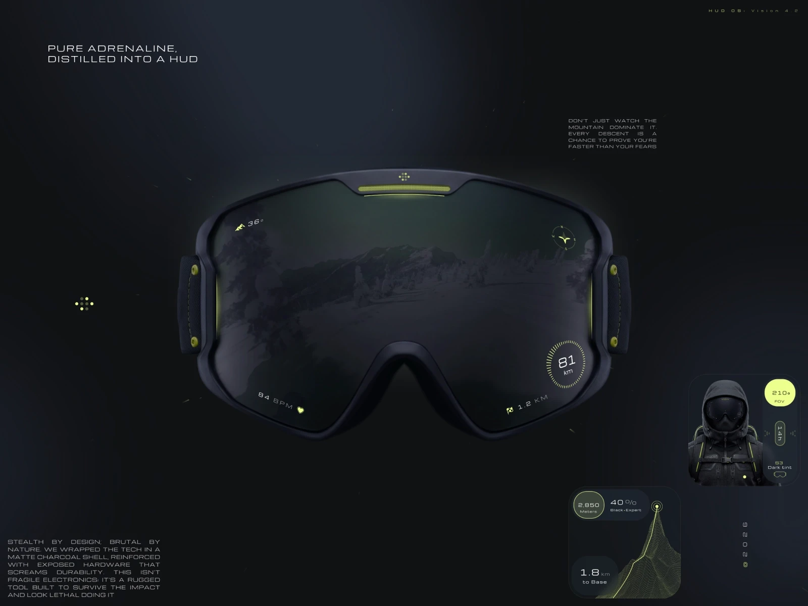 Aurora Vision: Futuristic snowboarding goggles concept featuring a matte charcoal shell and integrated HUD technology
