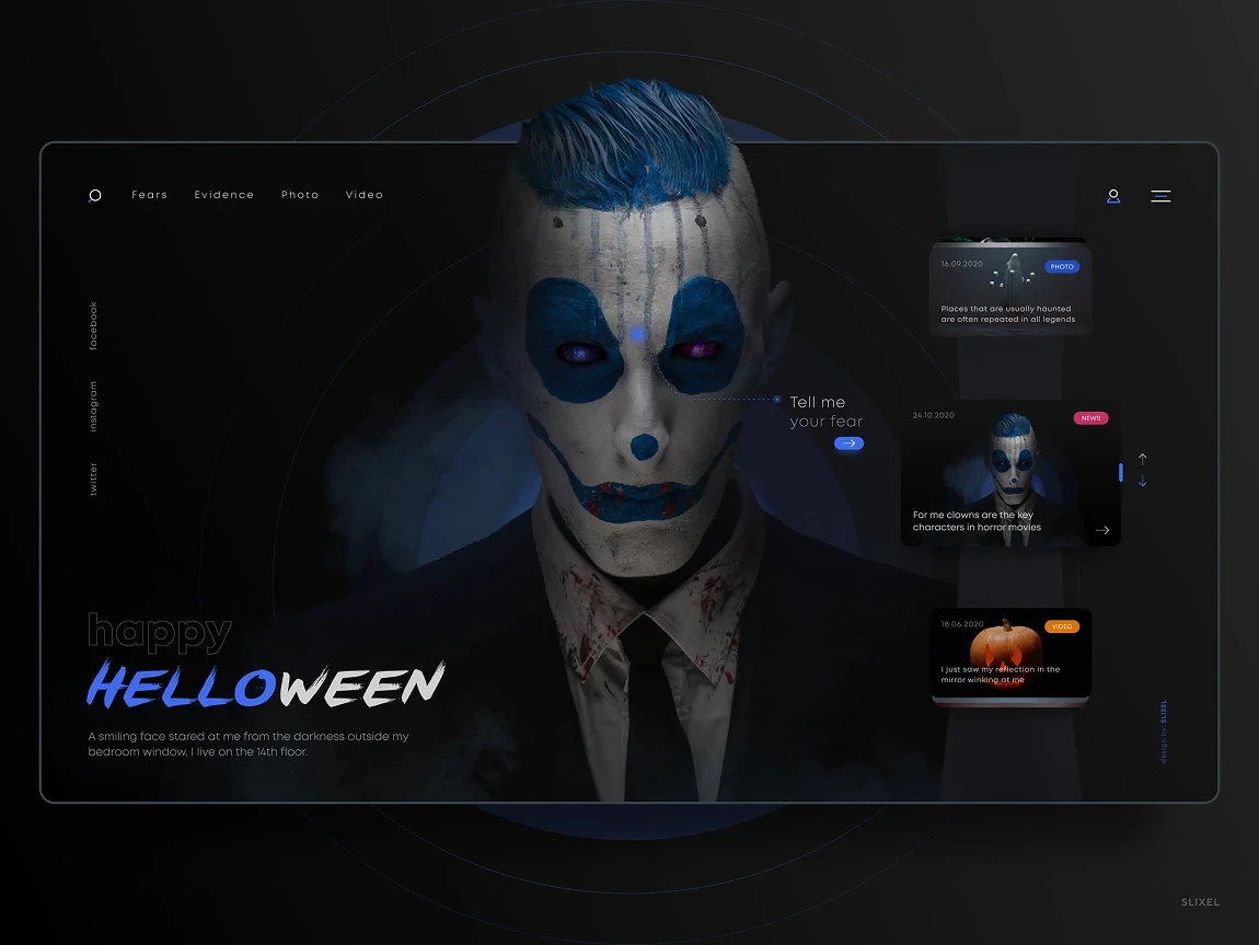 Dark Halloween web design featuring a ghost figure surrounded by floating skulls and minimal UI cards