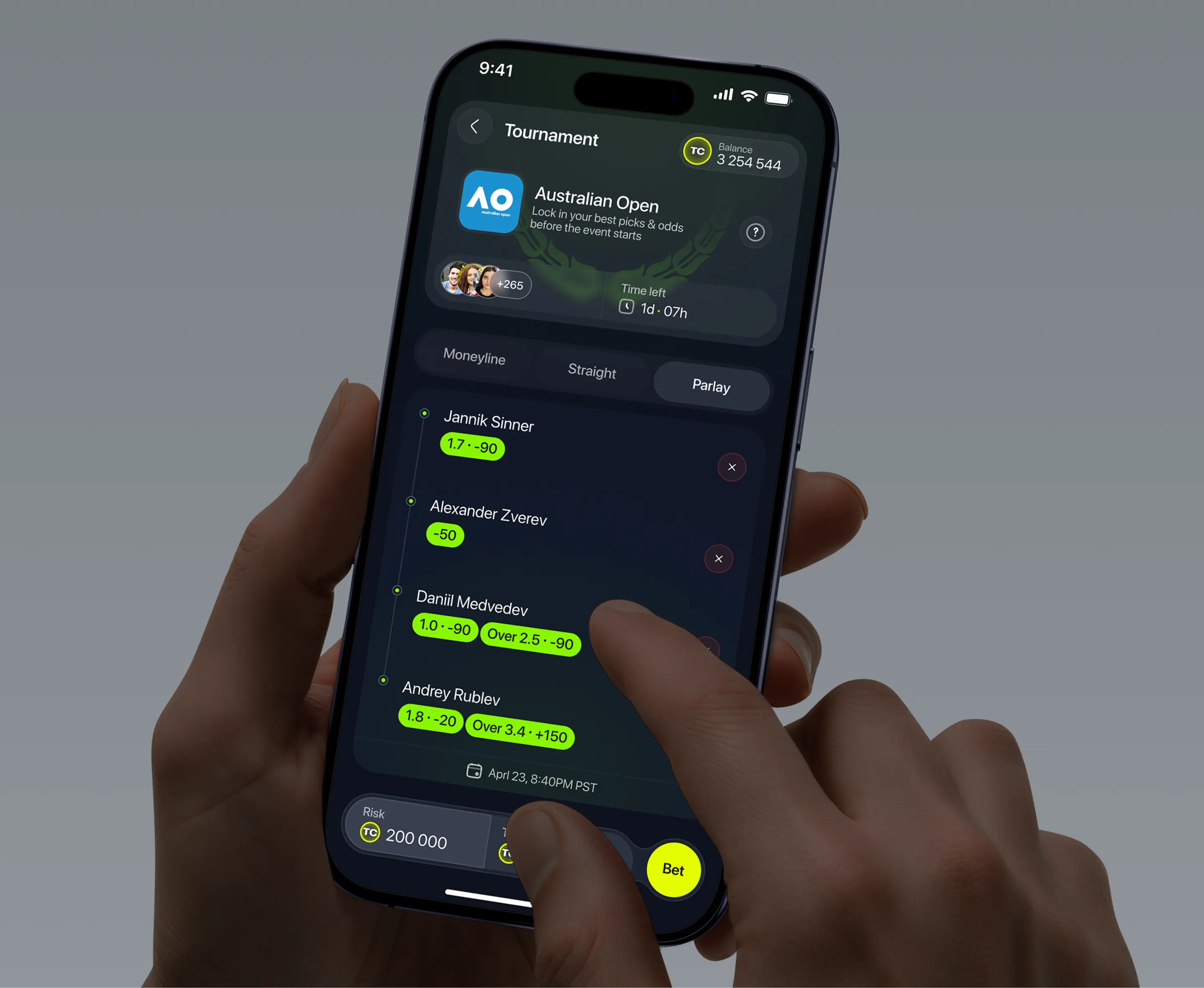 Mobile UI for Australian Open betting tournament, featuring parlays, player odds cards, and bet placement interface