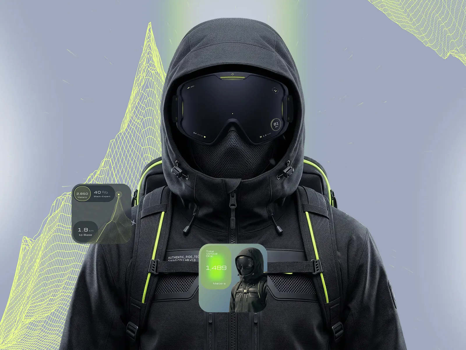 Full concept showcase for Aurora Vision, featuring tactical techwear, goggles with integrated HUD, and mountain data overlays