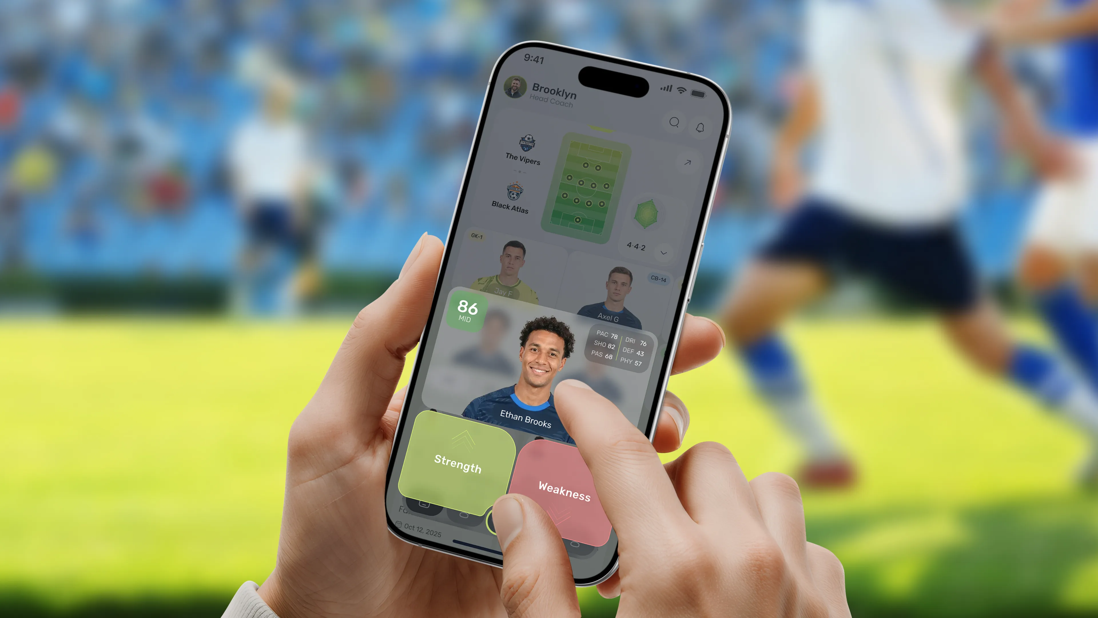 Mobile app mockup for Pro Scout, showcasing a quick player evaluation interface with "Strength" and "Weakness" buttons at a stadium.