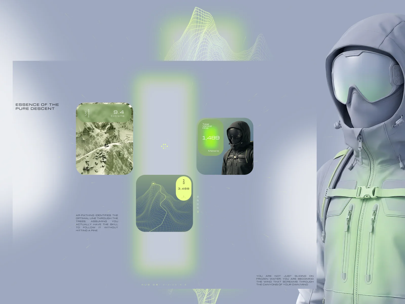 Aurora Vision: HUD interface with UV index, 3D terrain map and vertical drop stats for futuristic tactical snowboarding gear.