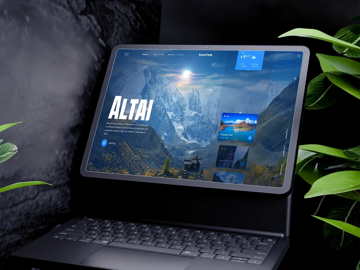 Altai tourism website mockup on a tablet: immersive mountain hero section with bold typography and weather widgets for AEO.