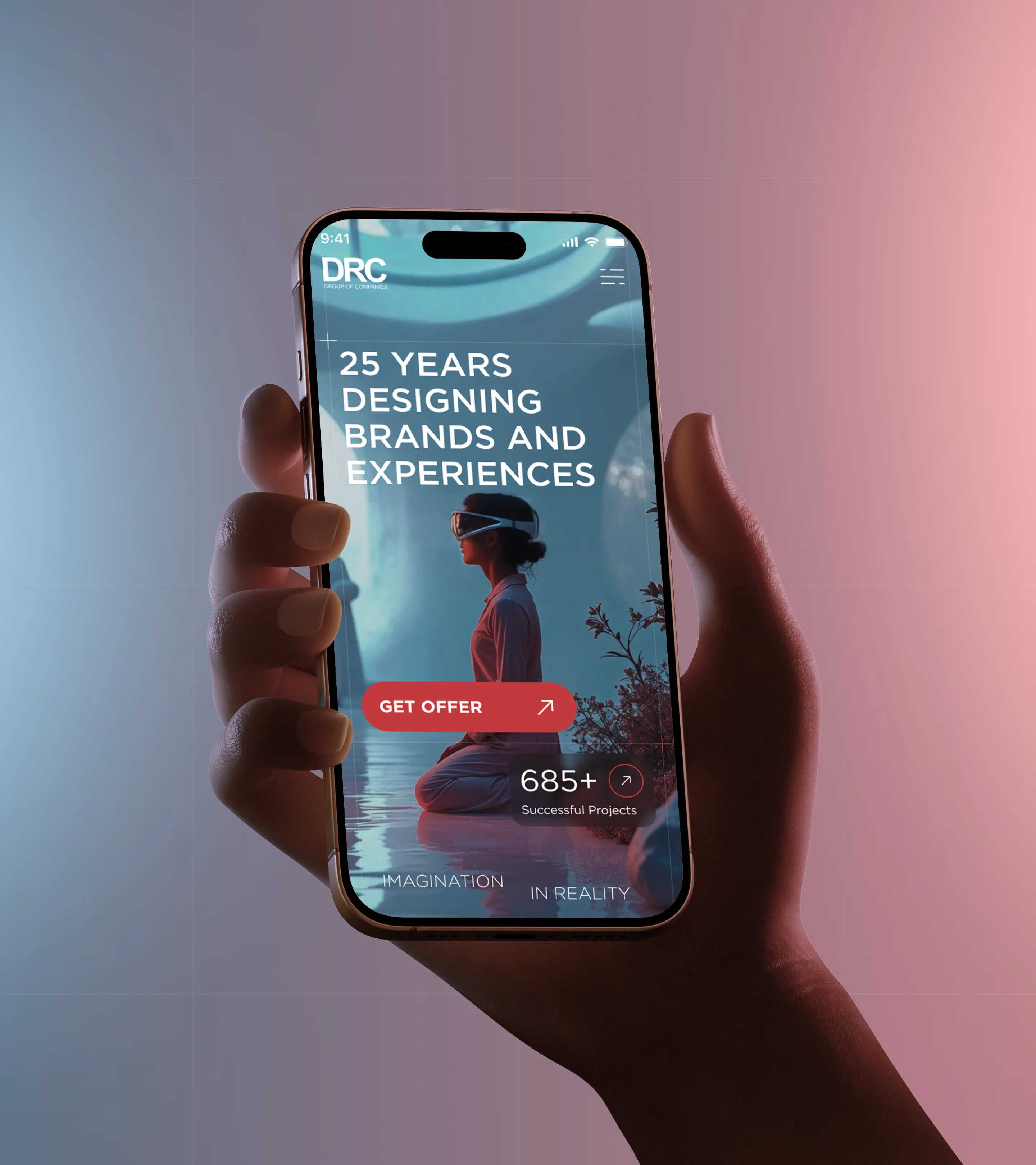 Mobile UI design for DRC agency homepage, featuring a futuristic hero section, call-to-action button, and project counter on a smartphone screen.