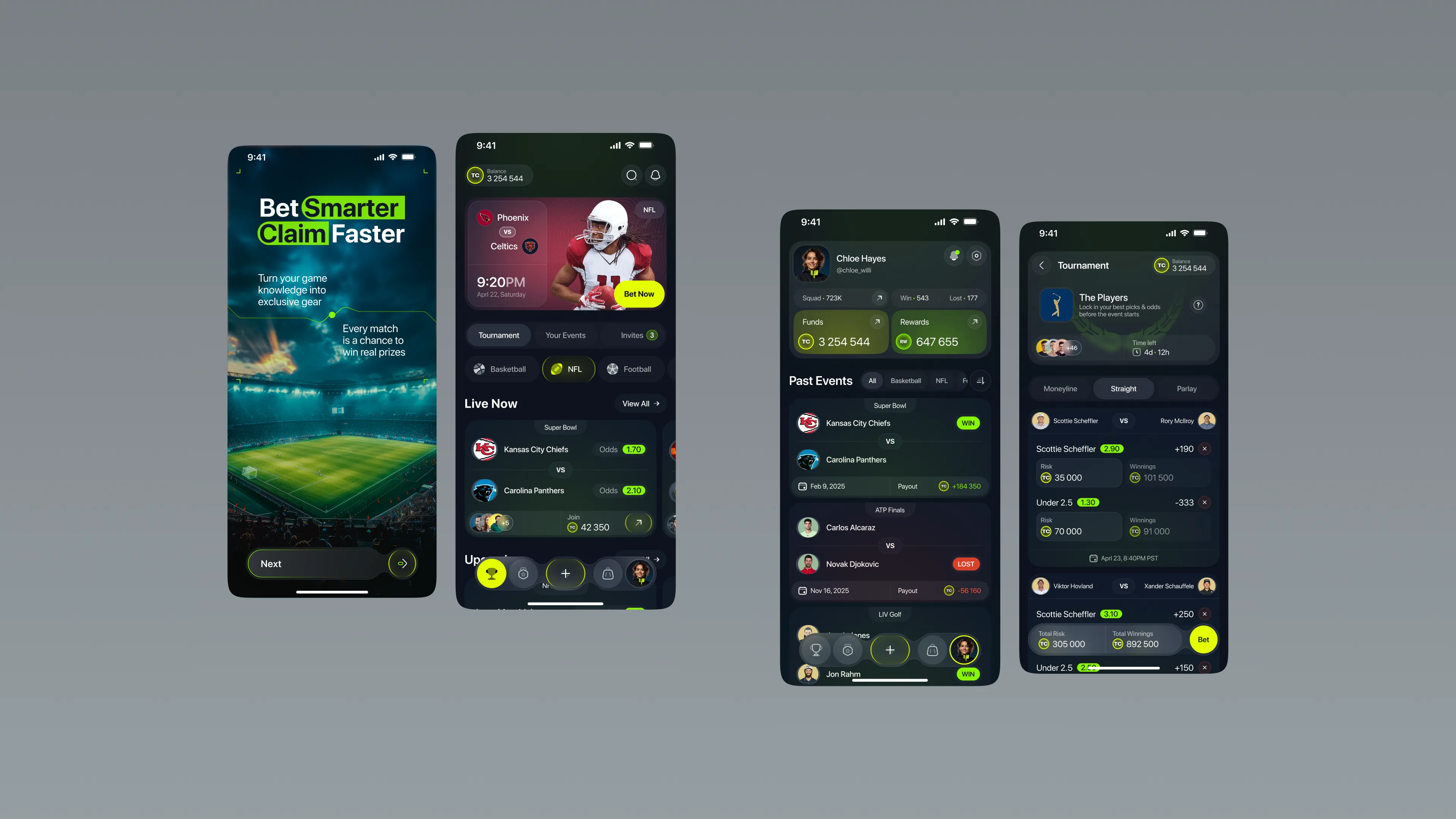 Showcase of multiple mobile UI screens for a sports betting app, including onboarding, live events, user profile, and tournament betting.