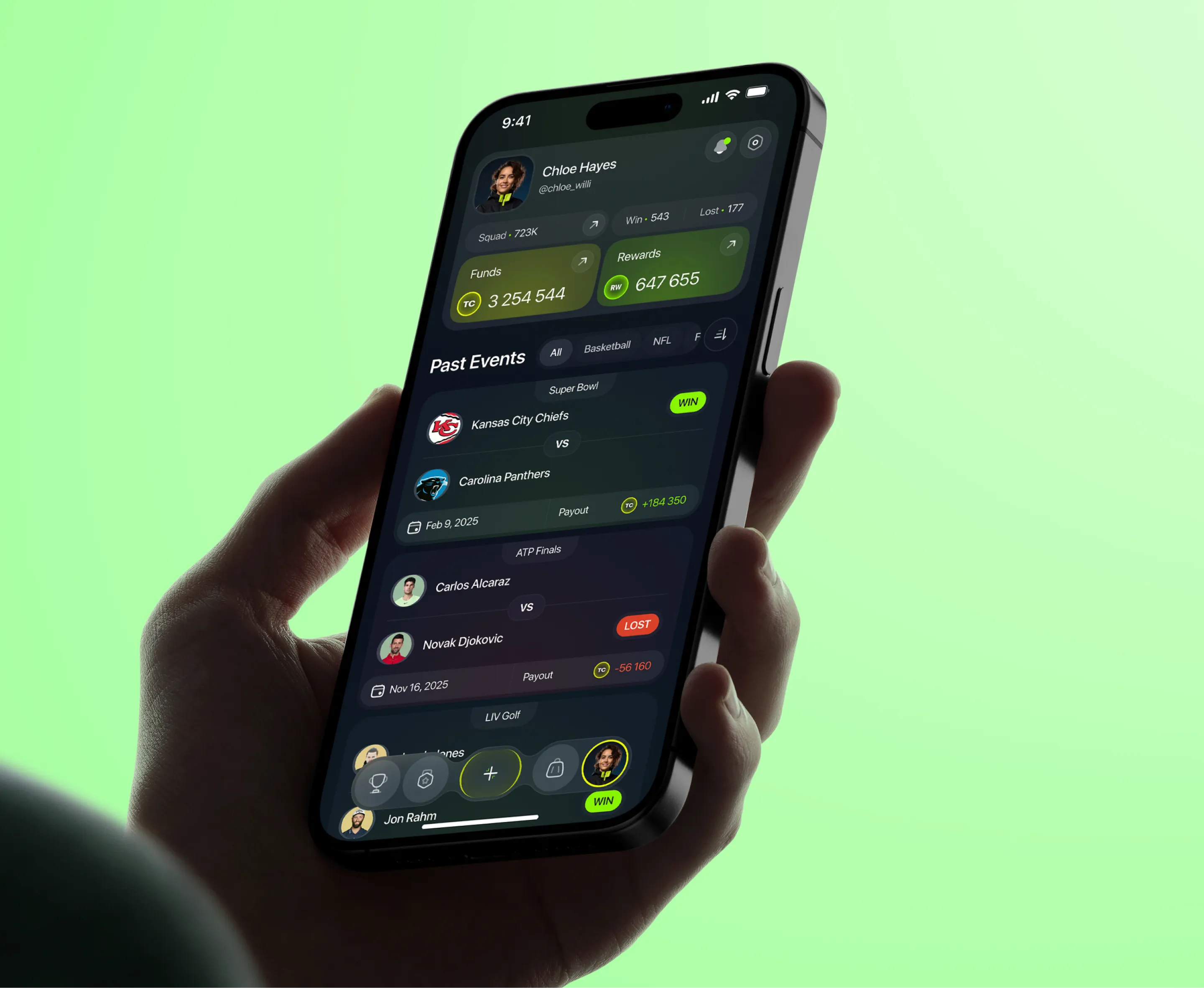 Mobile profile screen UI for a sports betting app showing user stats, past event history, and betting rewards.