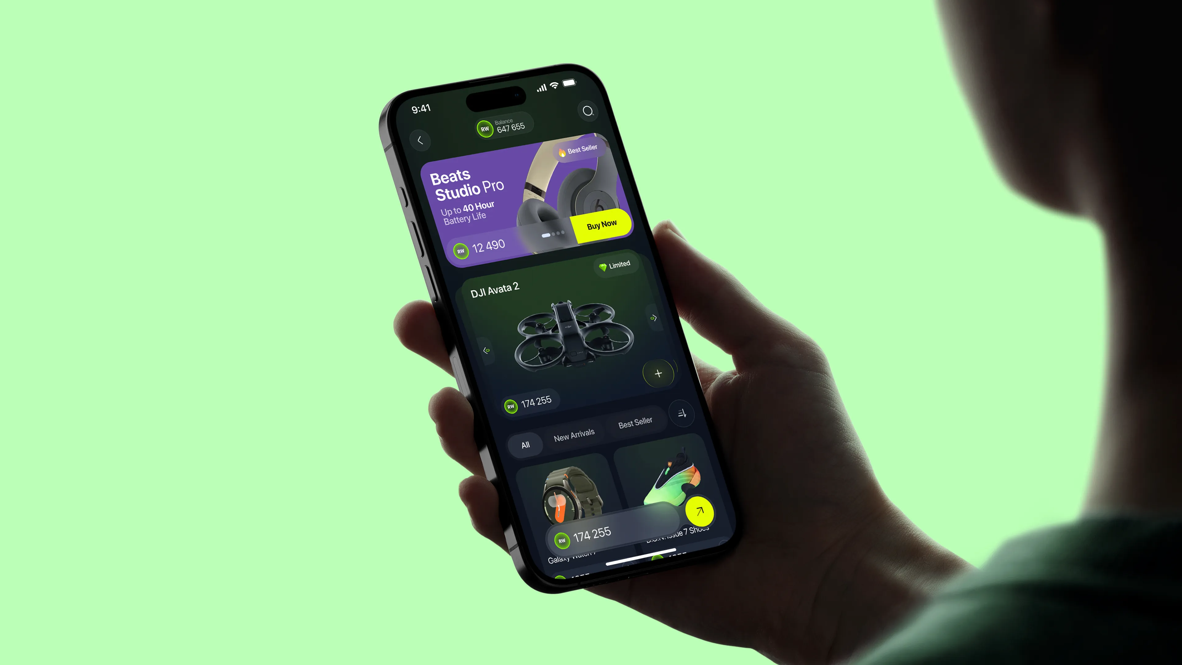 Mobile e-commerce UI design showcasing a marketplace with product cards for Beats headphones, drones, and tech accessories.