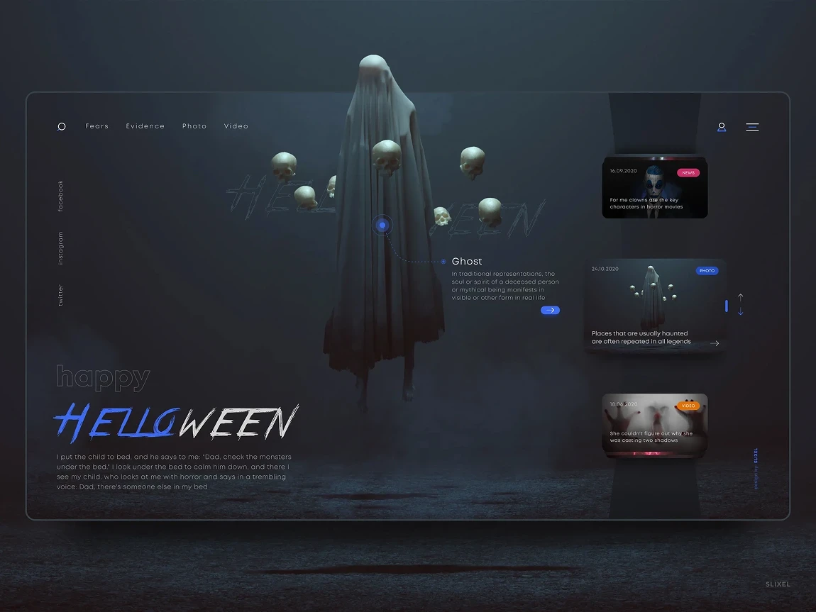 Dark mode UI concept for a horror/Halloween themed website or app, featuring a man in clown makeup