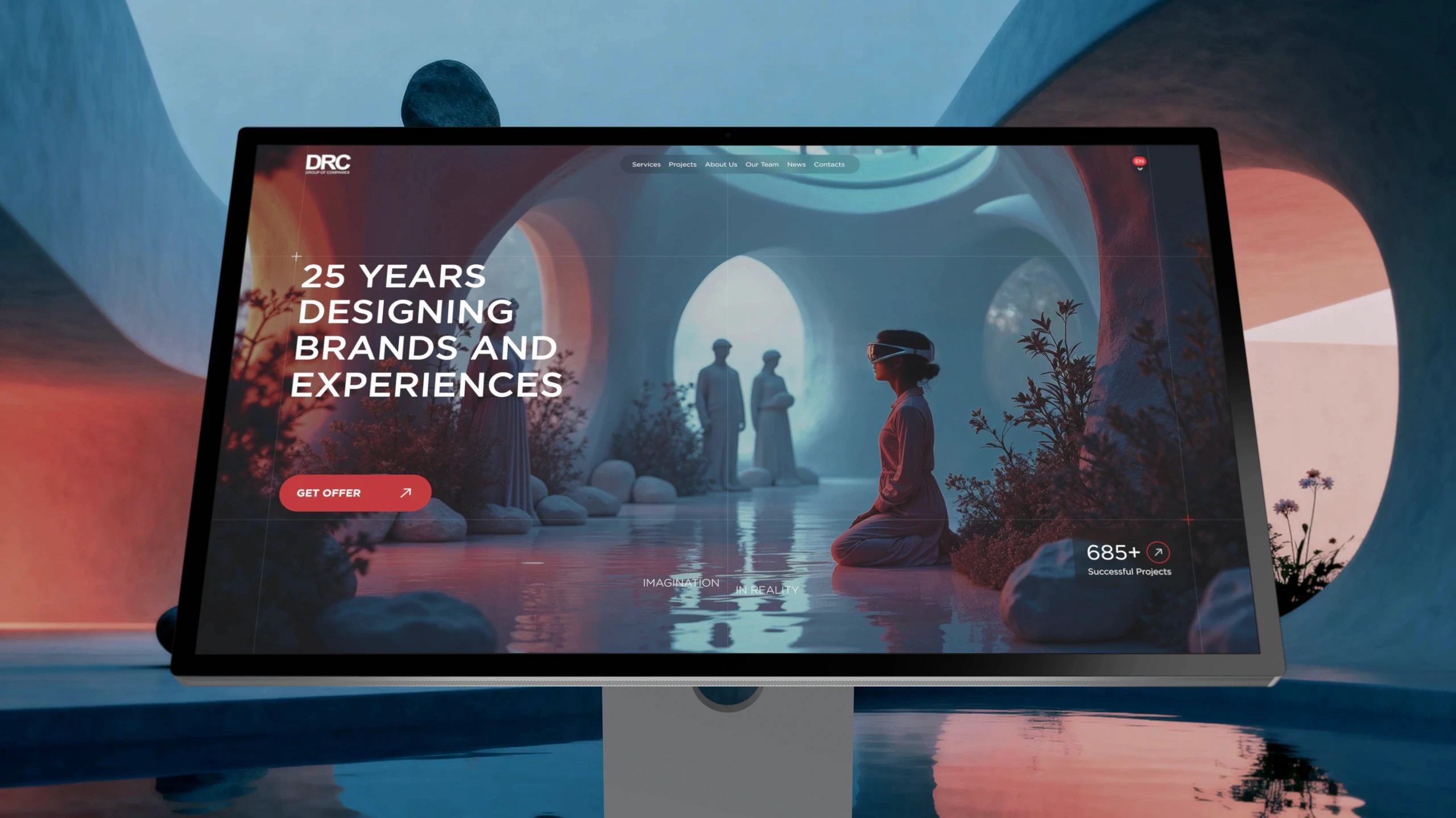 Desktop website design for DRC agency, featuring futuristic 3D visuals, event market expertise in Uzbekistan, and branding services