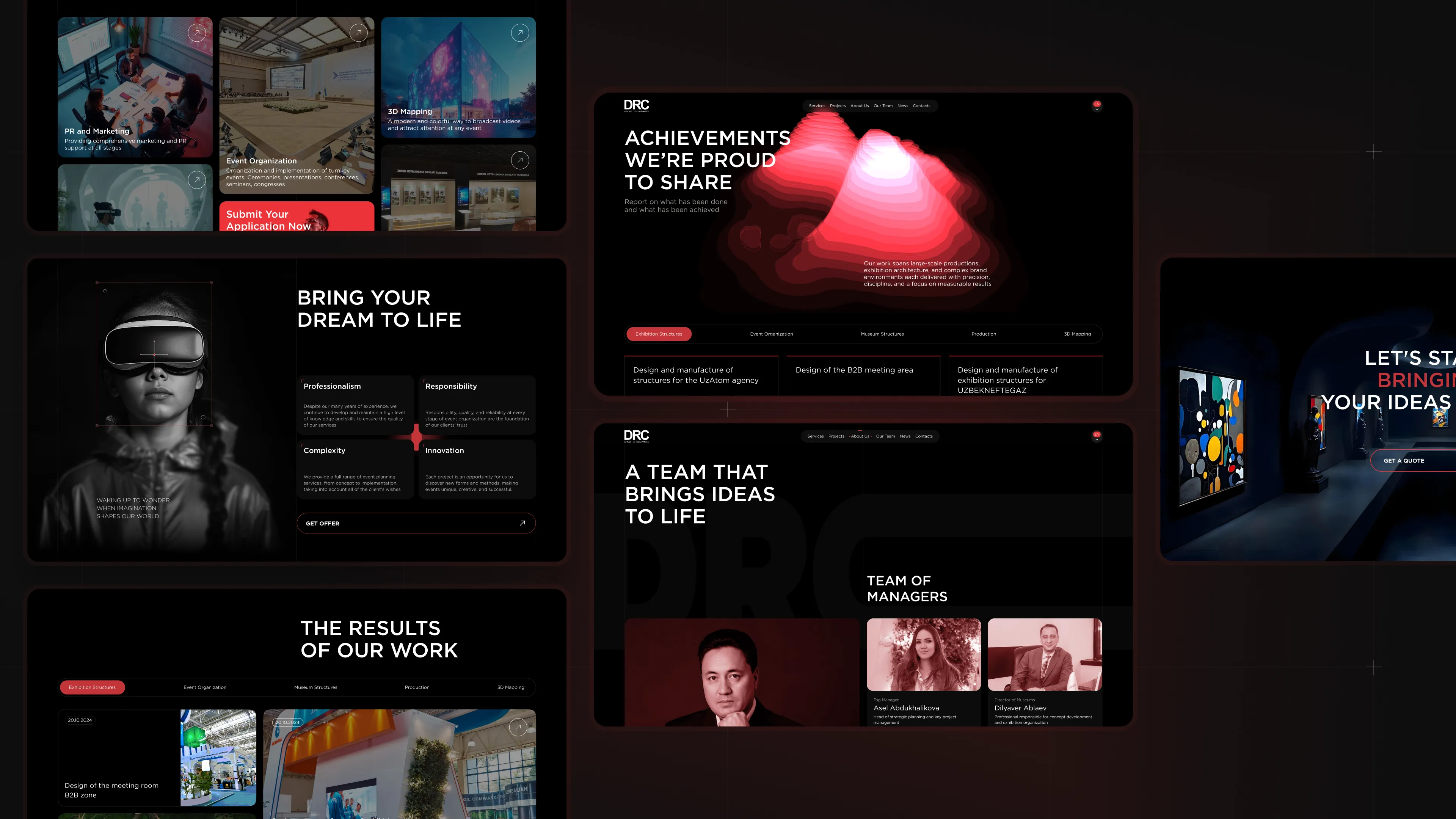 Comprehensive grid showcase of a dark-themed agency website, featuring portfolio achievements, team profiles, and brand vision screens