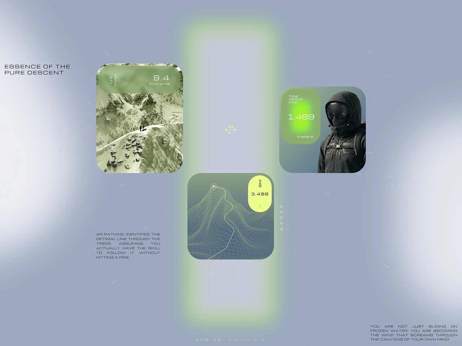 Visual identity and HUD elements for the Aurora Vision project, featuring environmental data cards, vertical drop statistics, and AR pathing concepts for extreme mountain sports.
