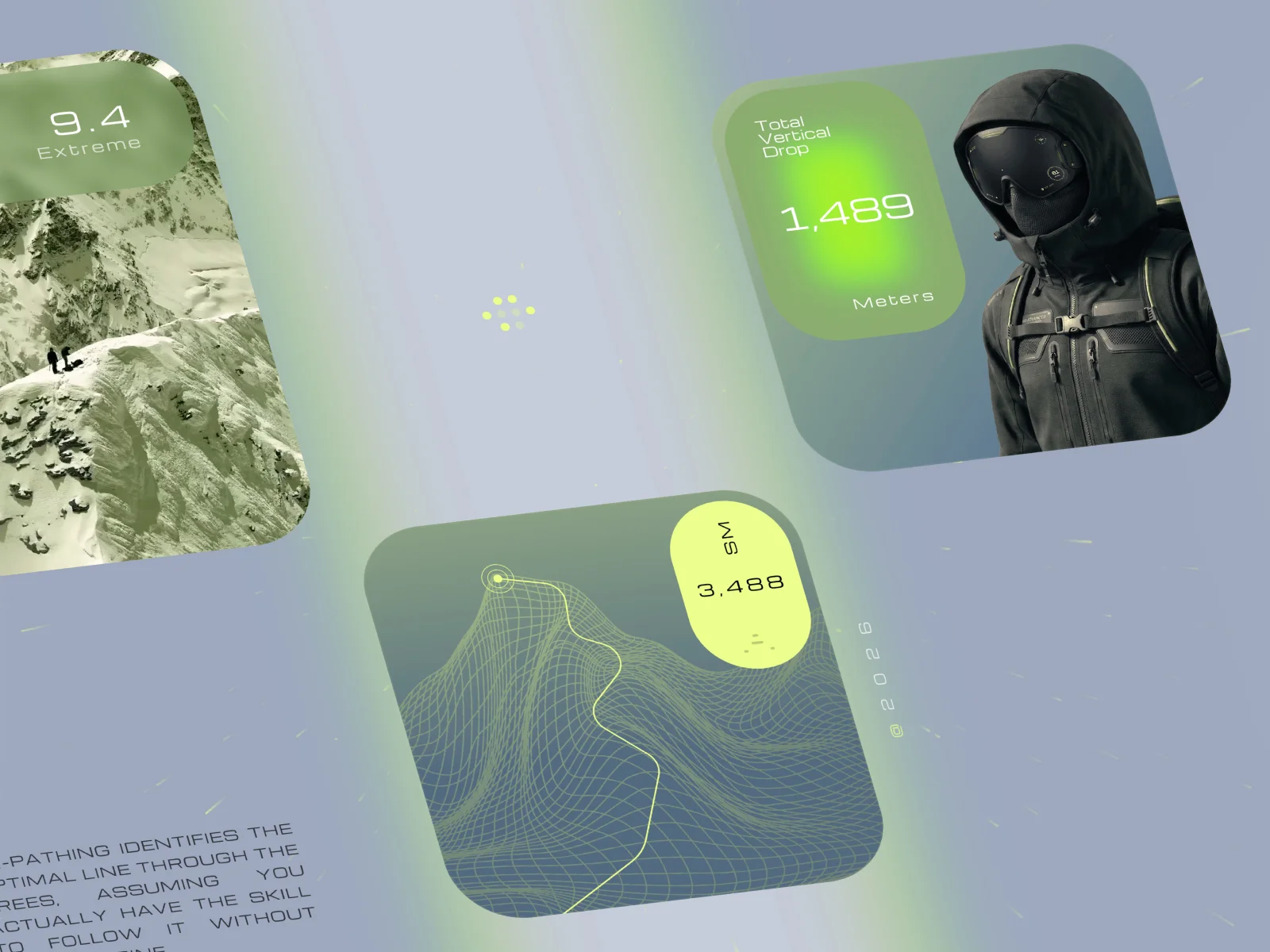 Aurora Vision HUD: 3D terrain mapping, vertical drop tracking, and UV metrics for futuristic snowboarding tactical gear.