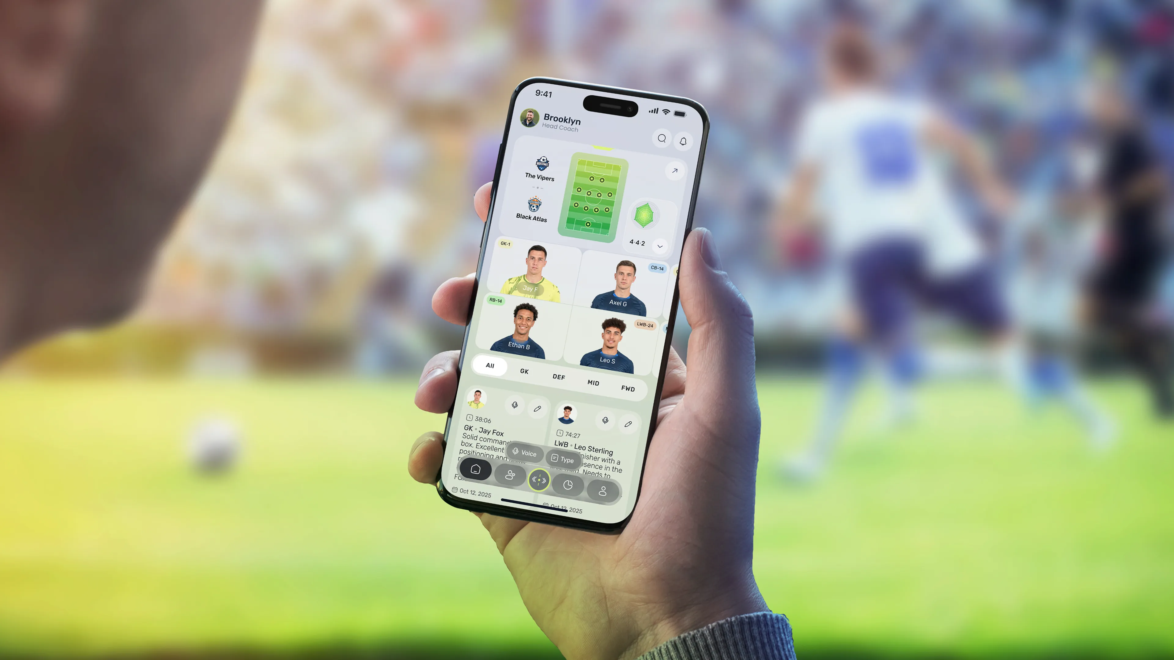 Mobile app mockup for Pro Scout, shown in-hand at a football stadium, featuring tactical squad management and player data.