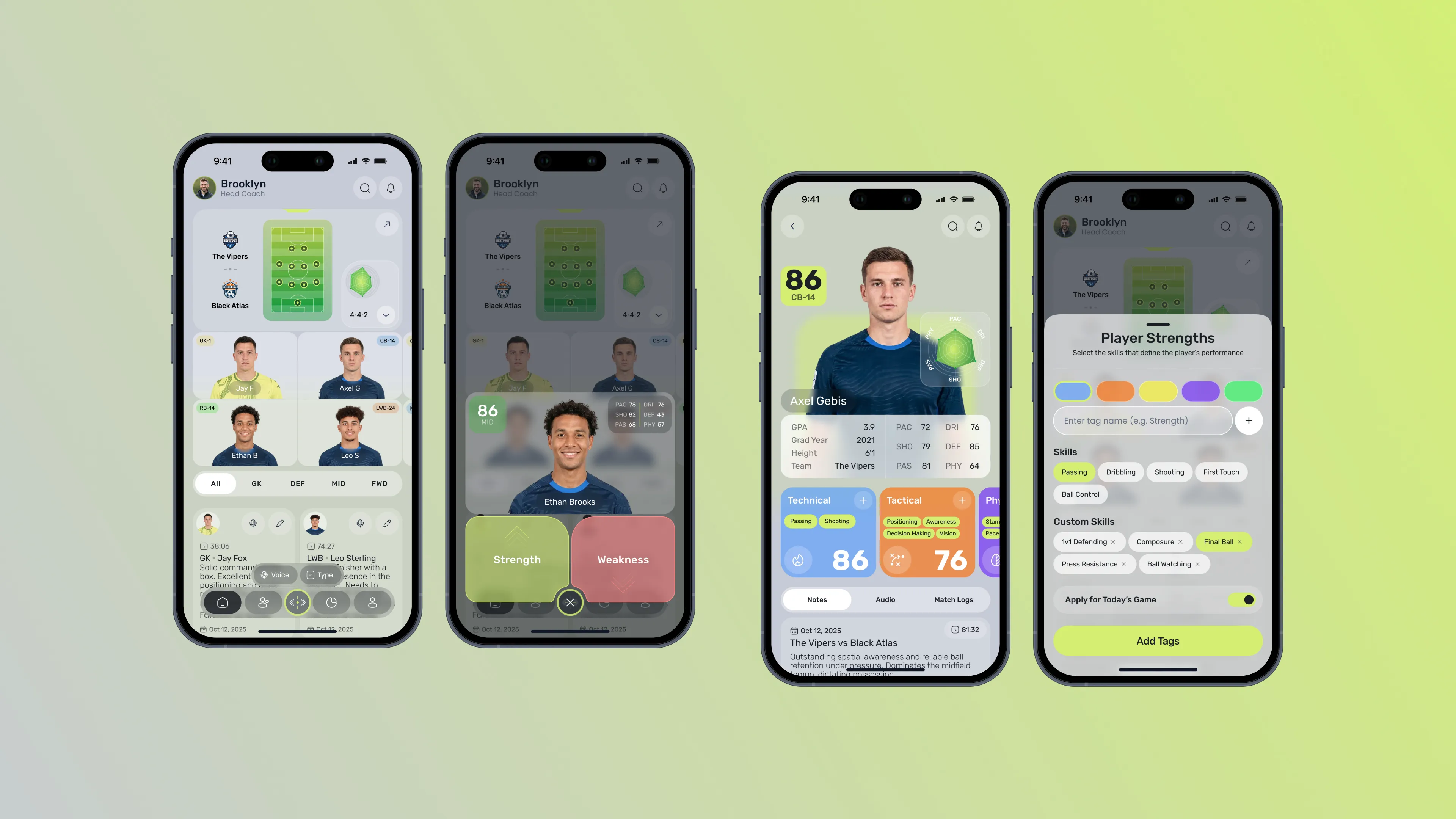 Showcase of Pro Scout mobile UI screens, displaying the squad overview, quick player assessment, detailed profile, and skill tagging interface.